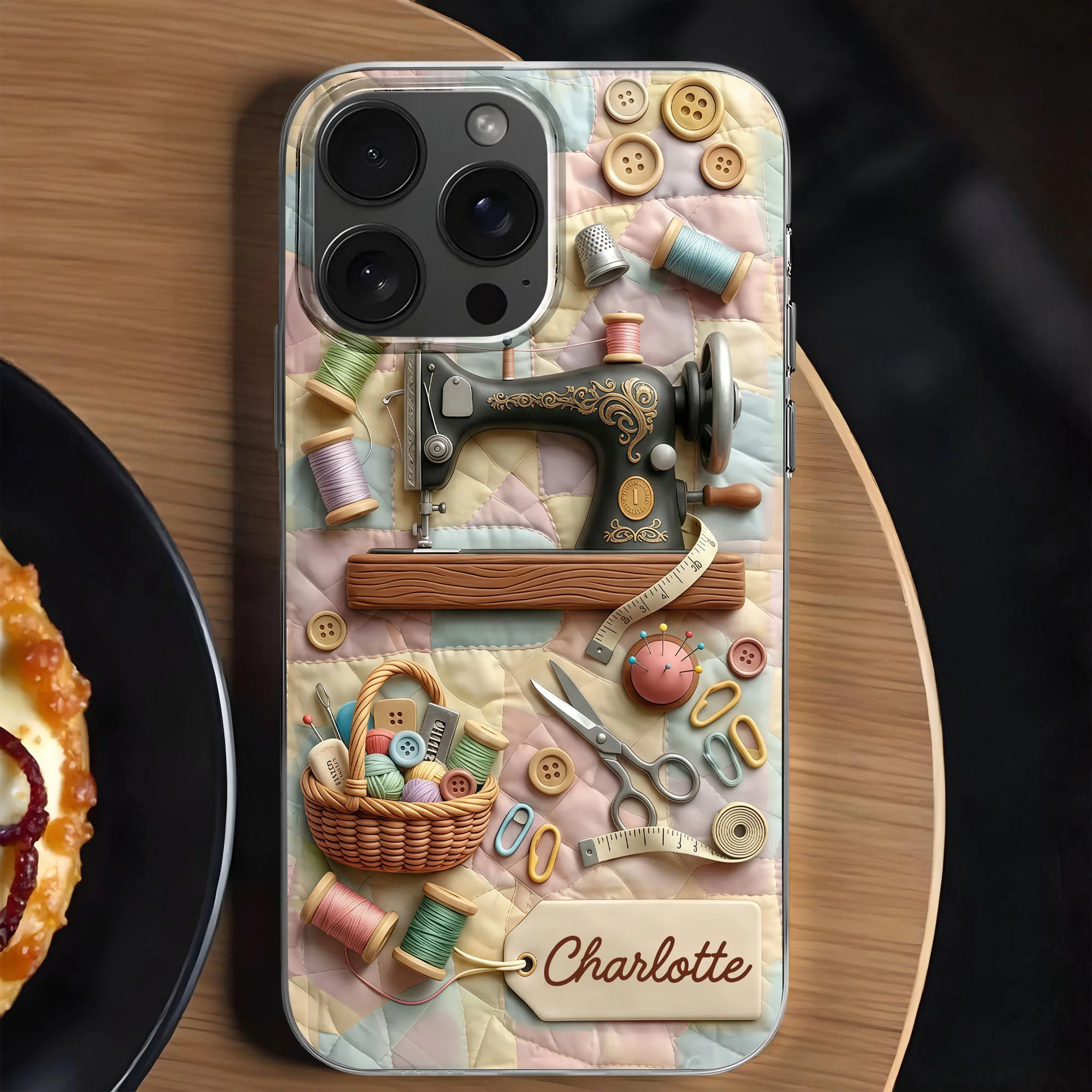 Vintage Sewing Machine And Quilting Essentials With Buttons And Thread Spools - Personalized Clear Phone Case - HAND029_PHC