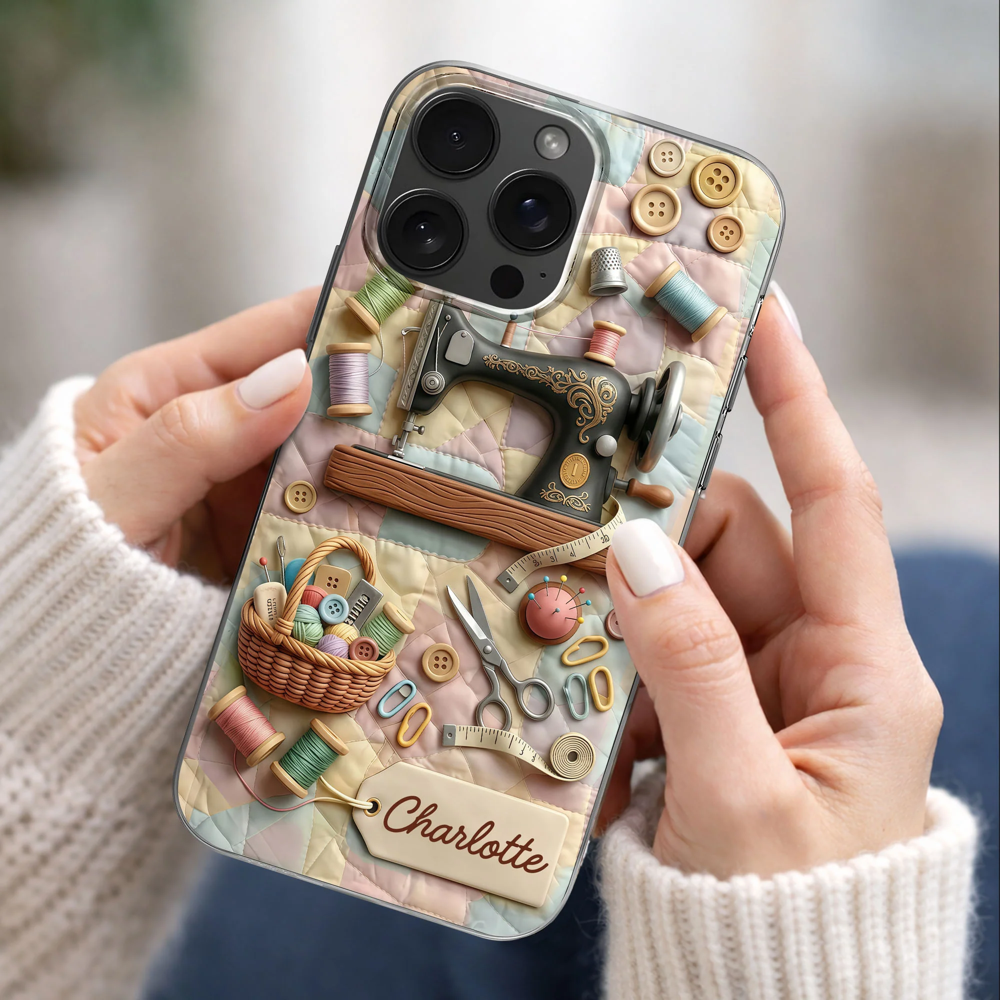 Vintage Sewing Machine And Quilting Essentials With Buttons And Thread Spools - Personalized Clear Phone Case - HAND029_PHC - Image 2