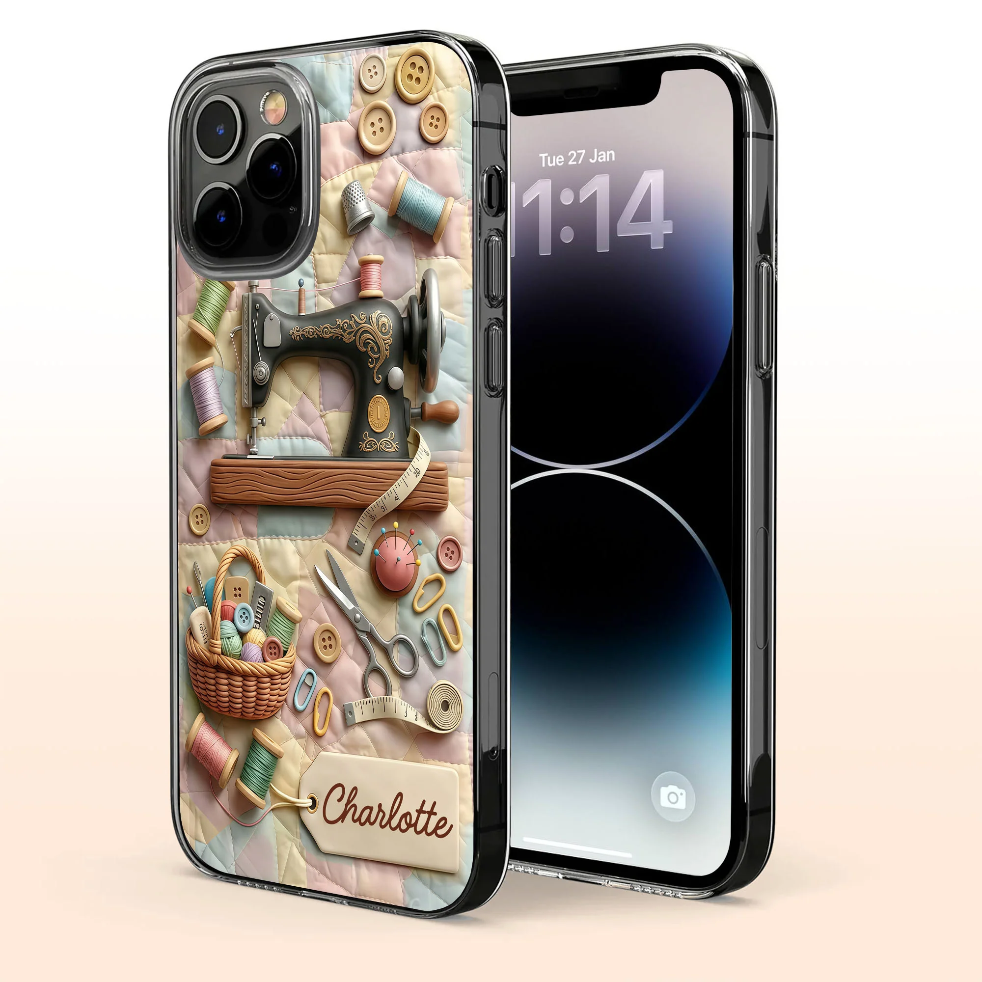 Vintage Sewing Machine And Quilting Essentials With Buttons And Thread Spools - Personalized Clear Phone Case - HAND029_PHC - Image 3