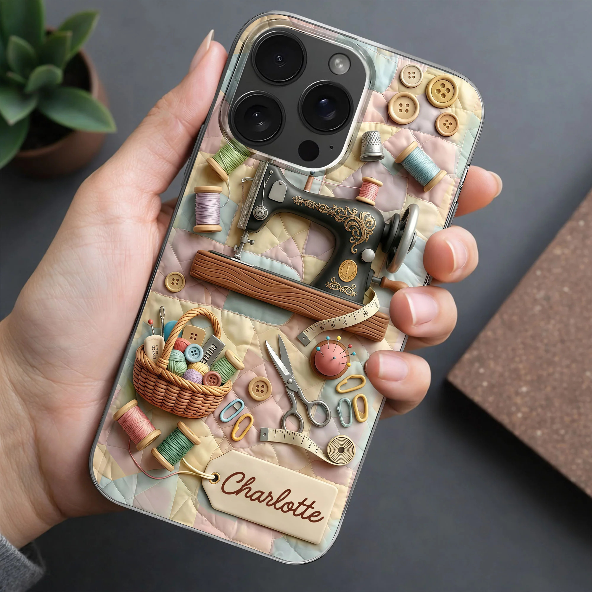 Vintage Sewing Machine And Quilting Essentials With Buttons And Thread Spools - Personalized Clear Phone Case - HAND029_PHC - Image 5