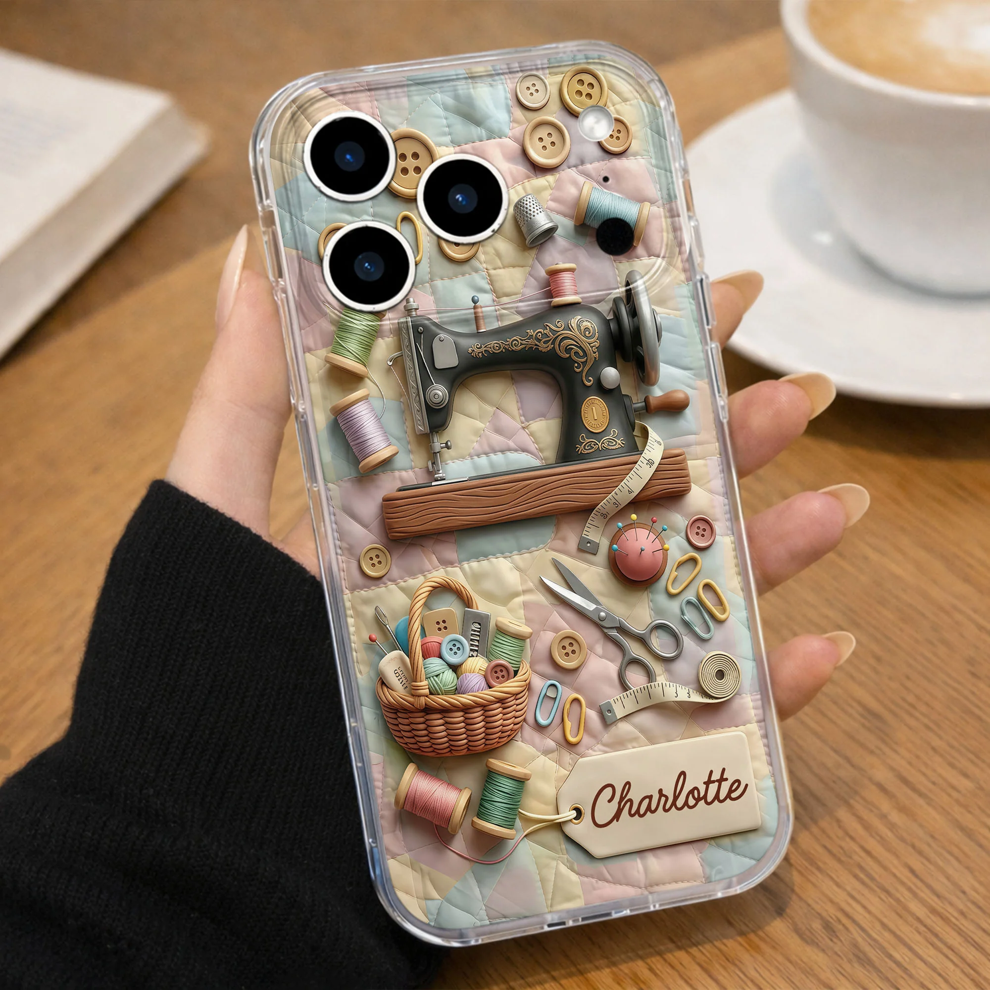 Vintage Sewing Machine And Quilting Essentials With Buttons And Thread Spools - Personalized Clear Phone Case - HAND029_PHC - Image 6