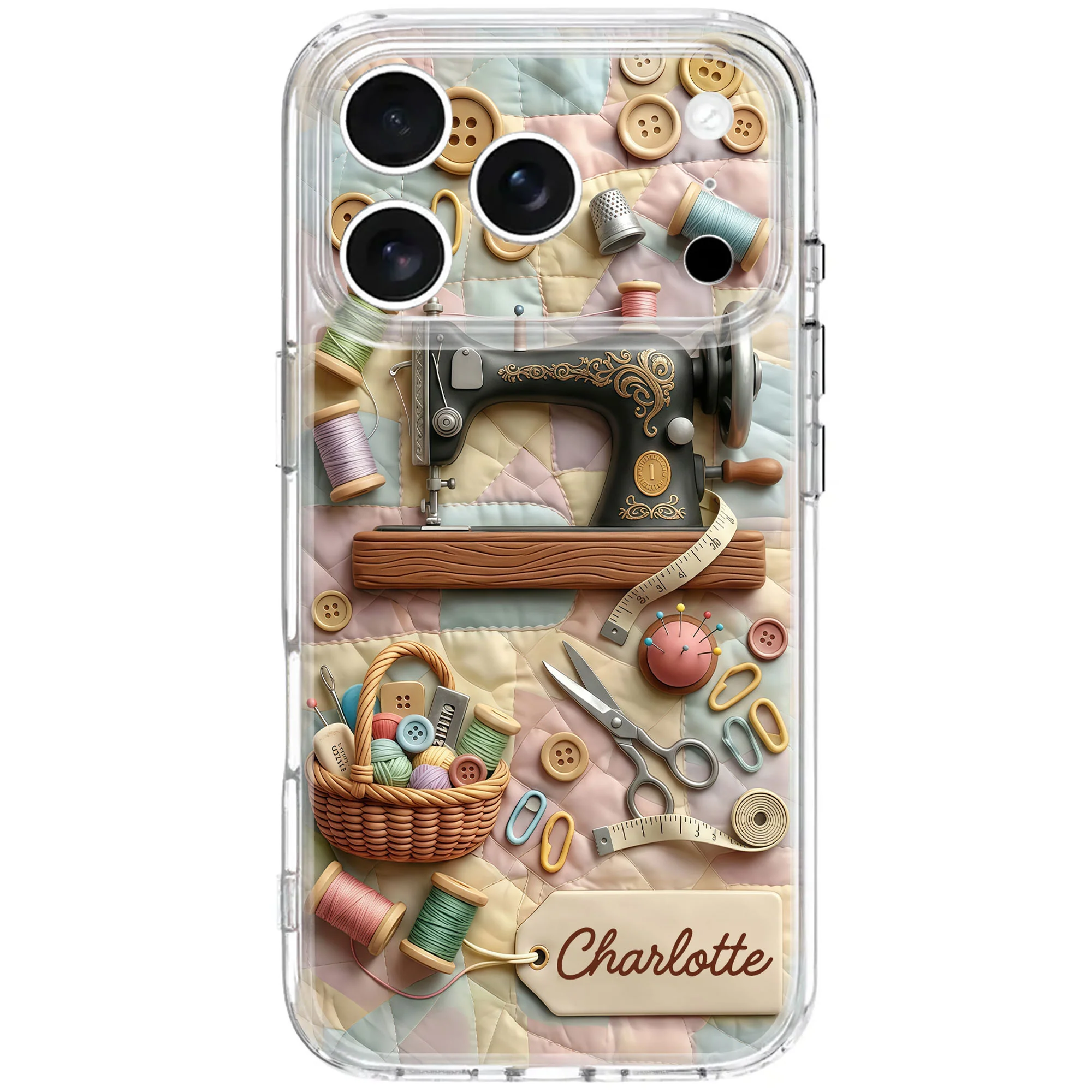 Vintage Sewing Machine And Quilting Essentials With Buttons And Thread Spools - Personalized Clear Phone Case - HAND029_PHC - Image 7