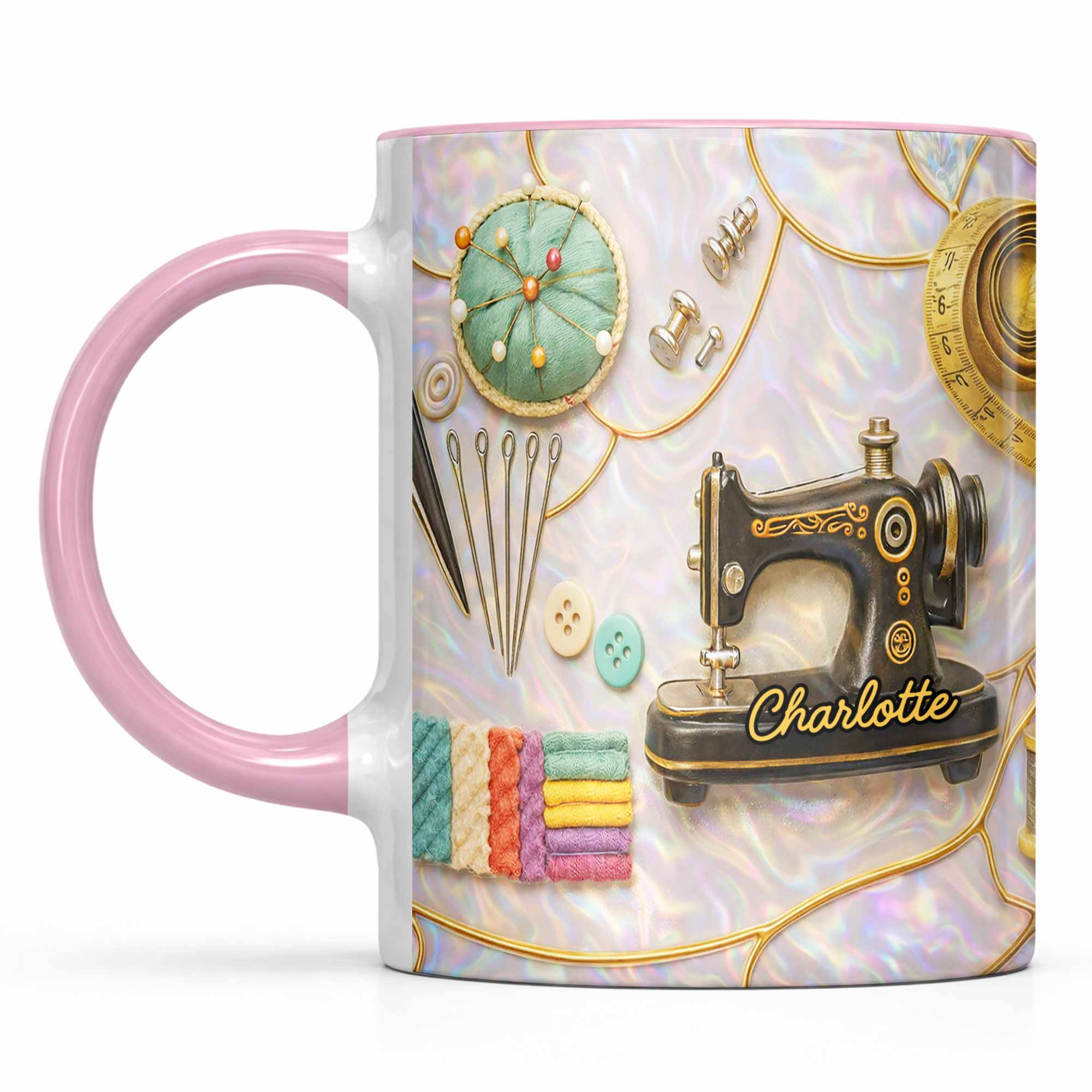 Vintage Sewing Machine and Quilting Essentials with Pins and Buttons - Personalized Custom Accent Mug - HAND015_AMUG - Image 11