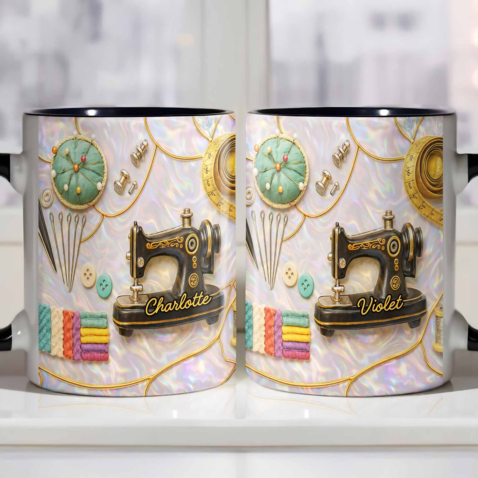 Vintage Sewing Machine and Quilting Essentials with Pins and Buttons - Personalized Custom Accent Mug - HAND015_AMUG - Image 3