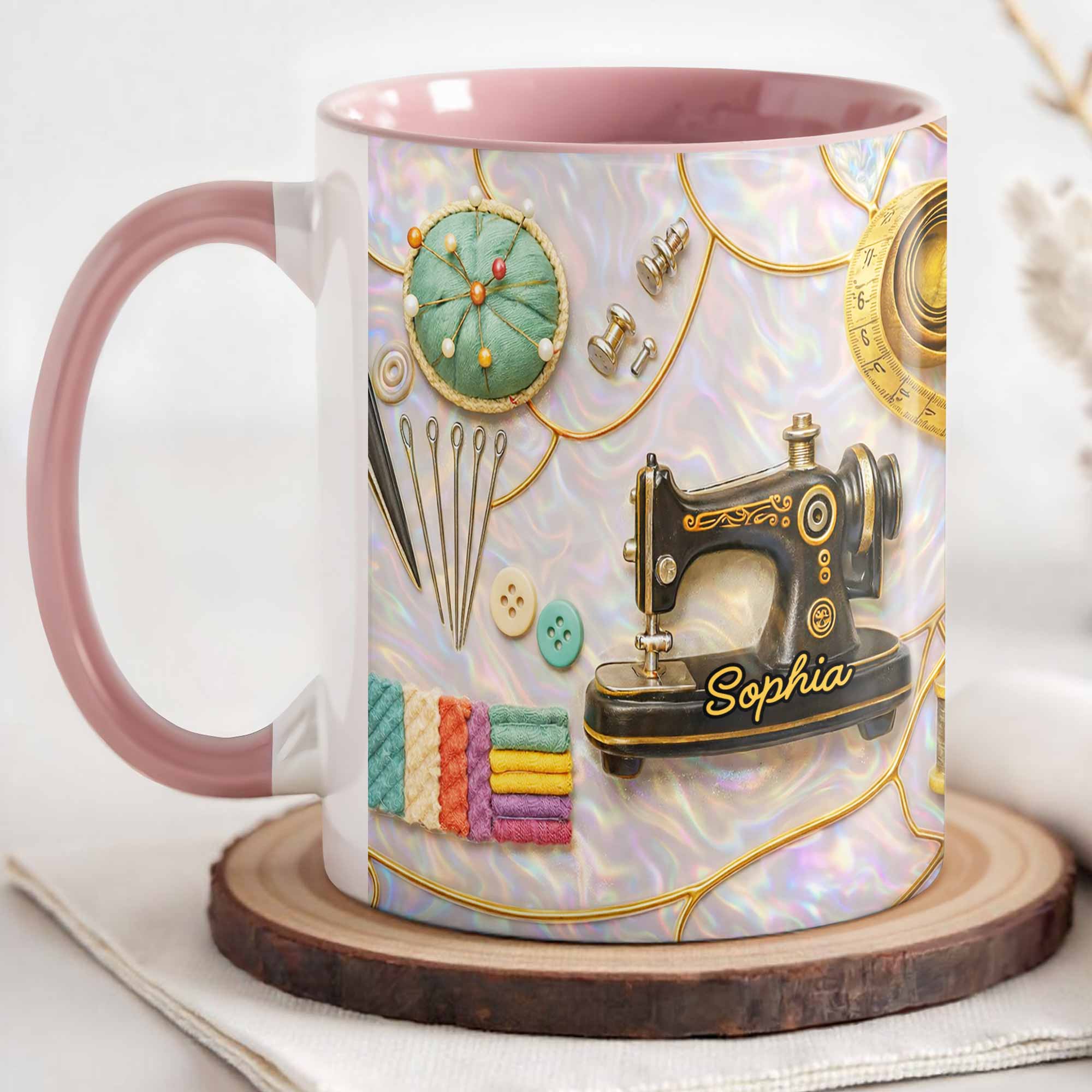 Vintage Sewing Machine and Quilting Essentials with Pins and Buttons - Personalized Custom Accent Mug - HAND015_AMUG - Image 4