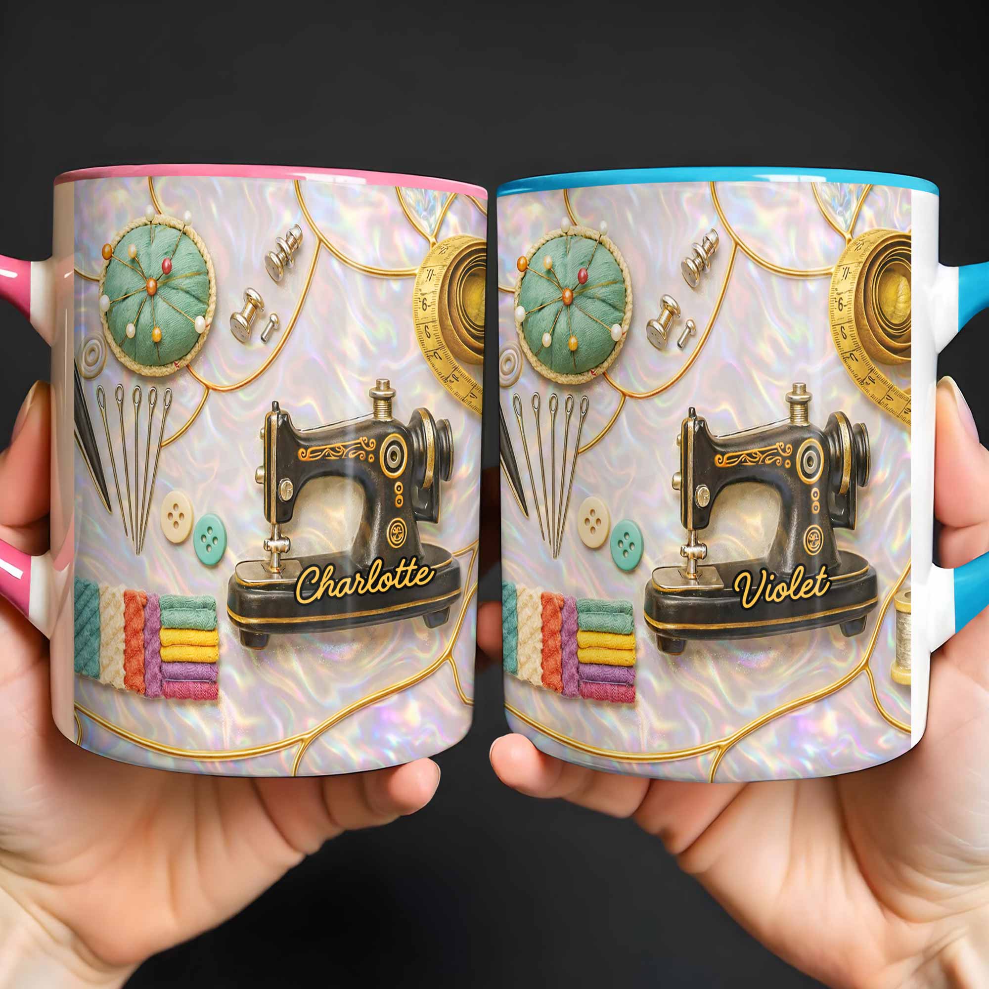 Vintage Sewing Machine and Quilting Essentials with Pins and Buttons - Personalized Custom Accent Mug - HAND015_AMUG - Image 5