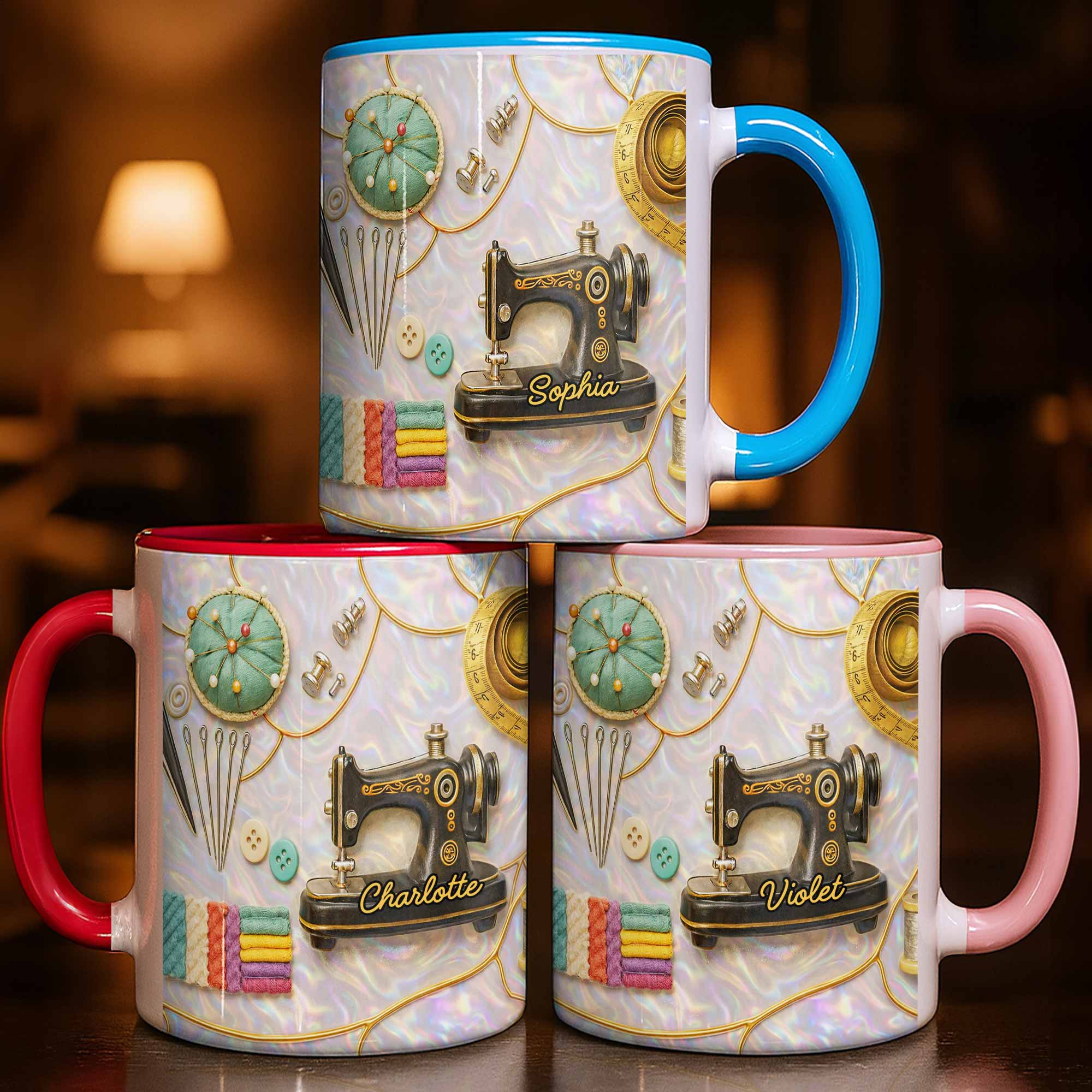 Vintage Sewing Machine and Quilting Essentials with Pins and Buttons - Personalized Custom Accent Mug - HAND015_AMUG - Image 7