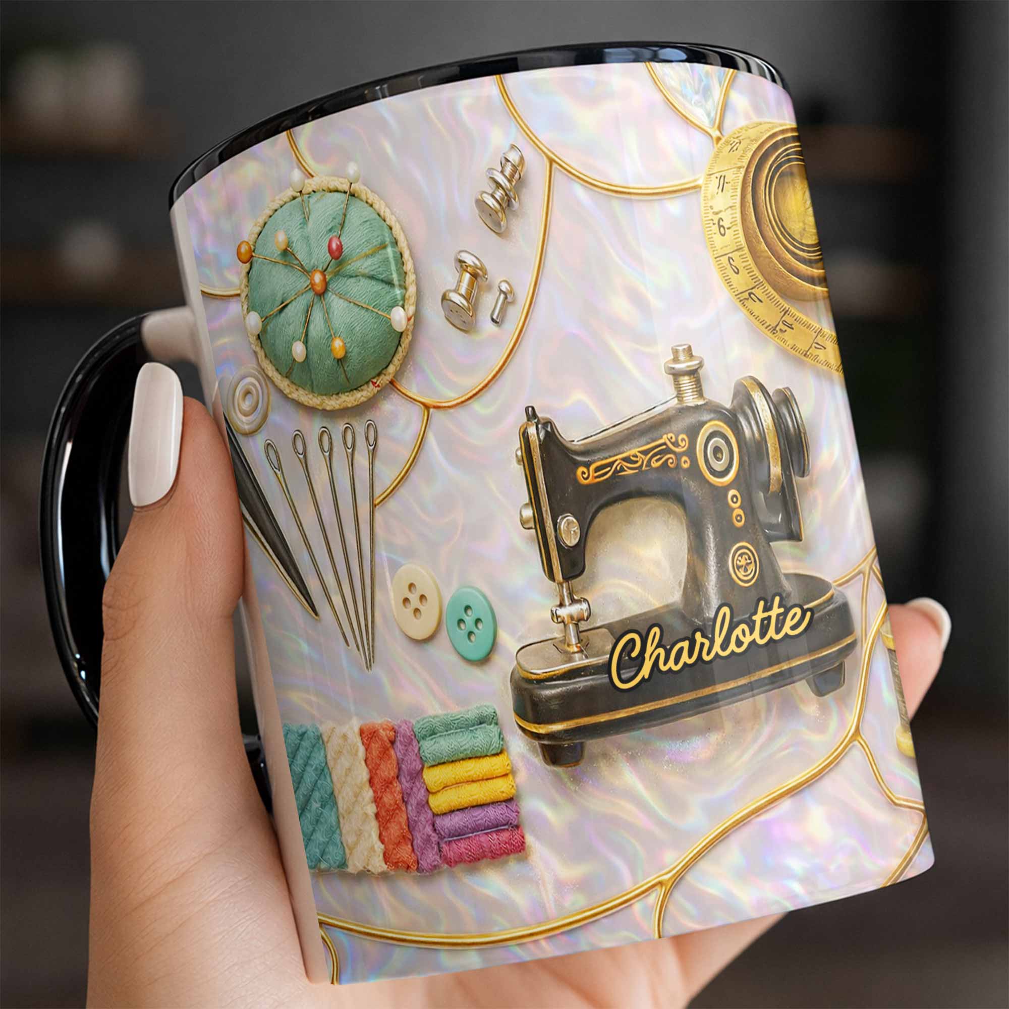 Vintage Sewing Machine and Quilting Essentials with Pins and Buttons - Personalized Custom Accent Mug - HAND015_AMUG - Image 8