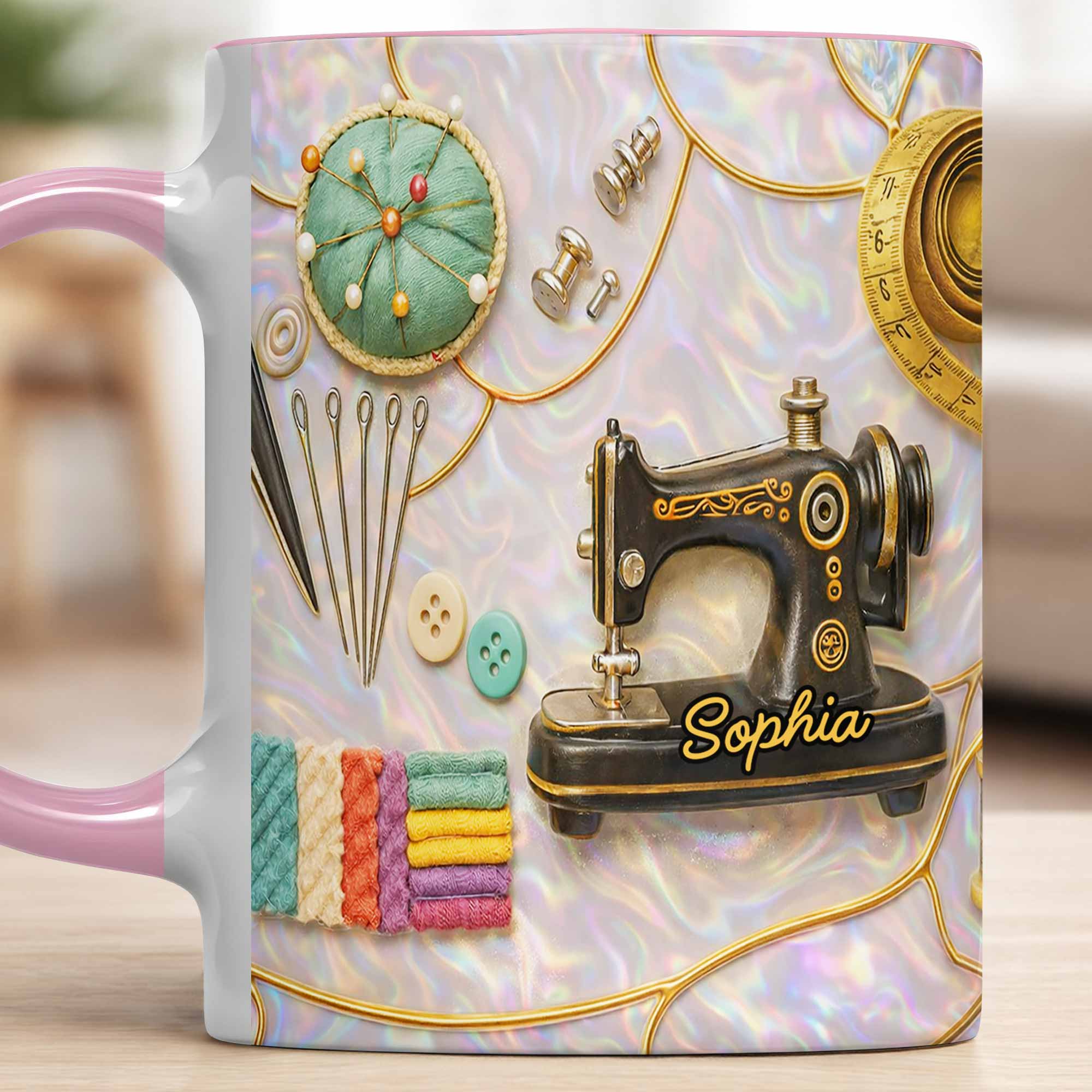Vintage Sewing Machine and Quilting Essentials with Pins and Buttons - Personalized Custom Accent Mug - HAND015_AMUG - Image 9