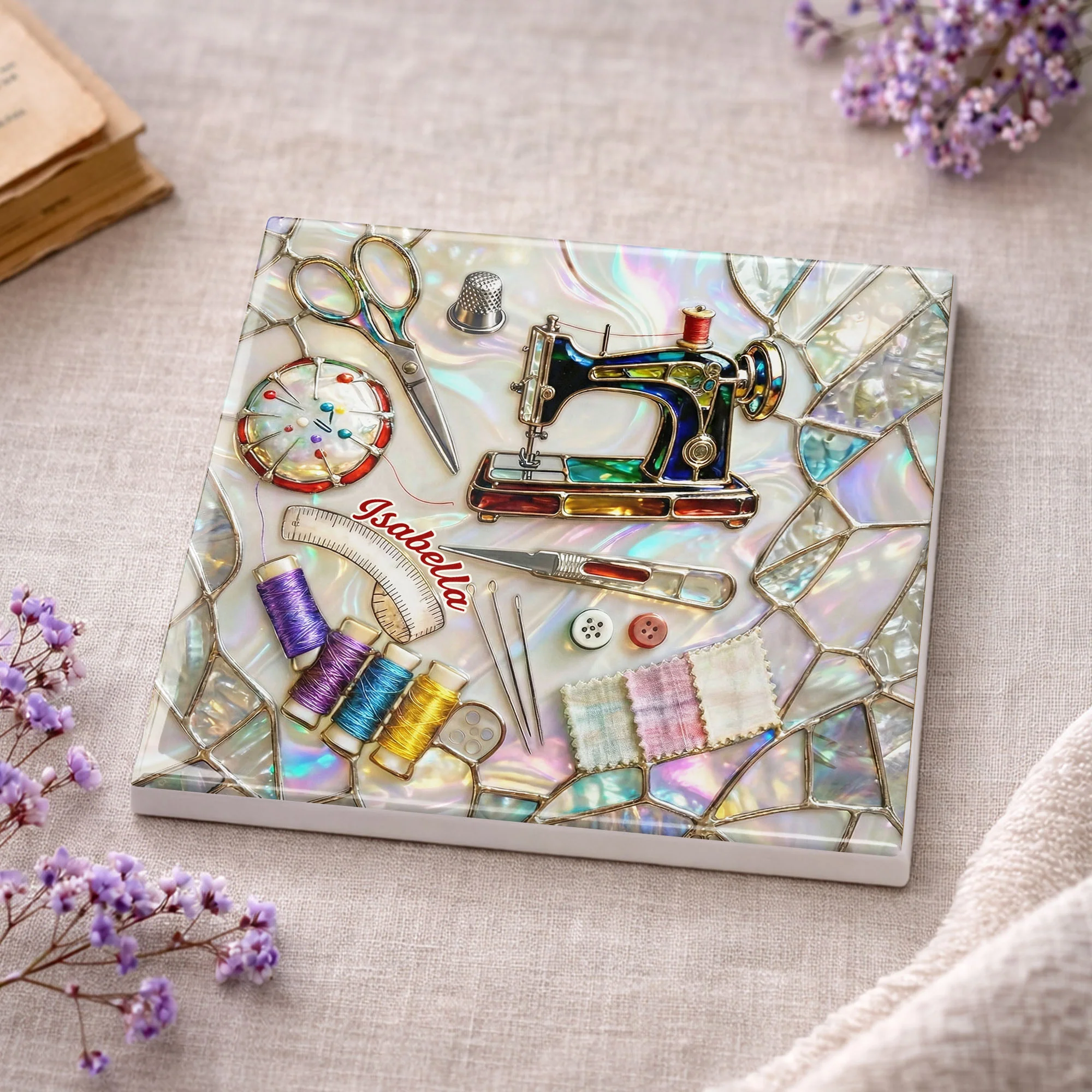 Vintage Sewing Machine And Tools Mosaic Design For Creative Soul - Personalized Custom Ceramic Coaster, Square Shape - JBS043_SOCO - Image 11