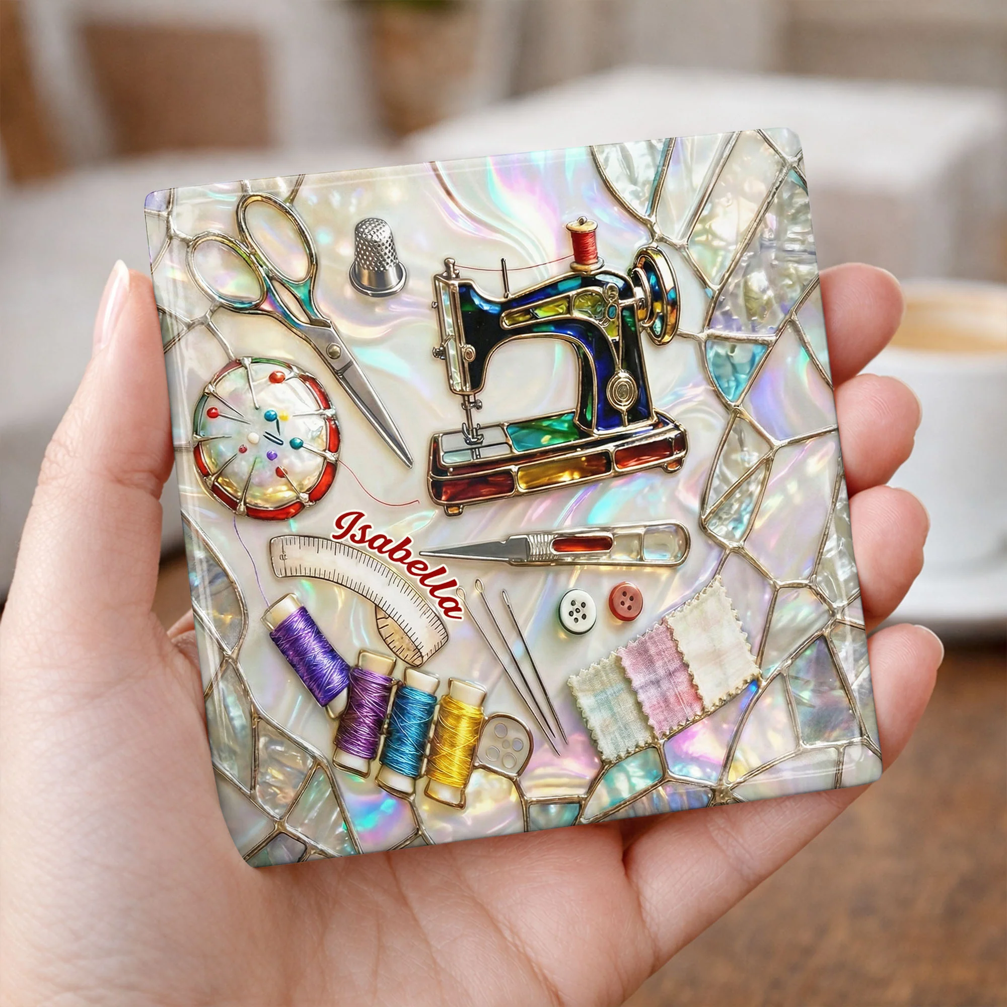 Vintage Sewing Machine And Tools Mosaic Design For Creative Soul - Personalized Custom Ceramic Coaster, Square Shape - JBS043_SOCO - Image 2