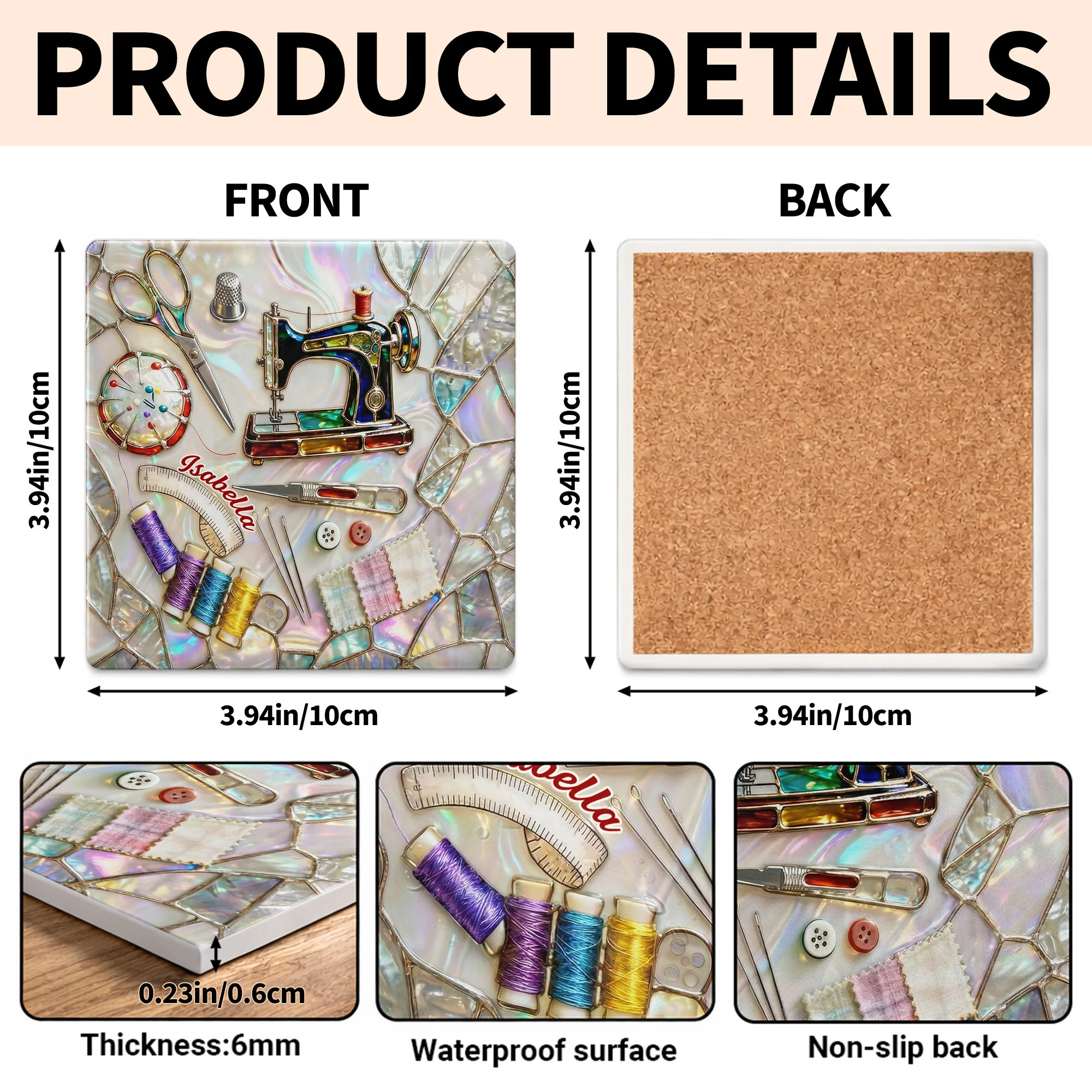 Vintage Sewing Machine And Tools Mosaic Design For Creative Soul - Personalized Custom Ceramic Coaster, Square Shape - JBS043_SOCO - Image 4