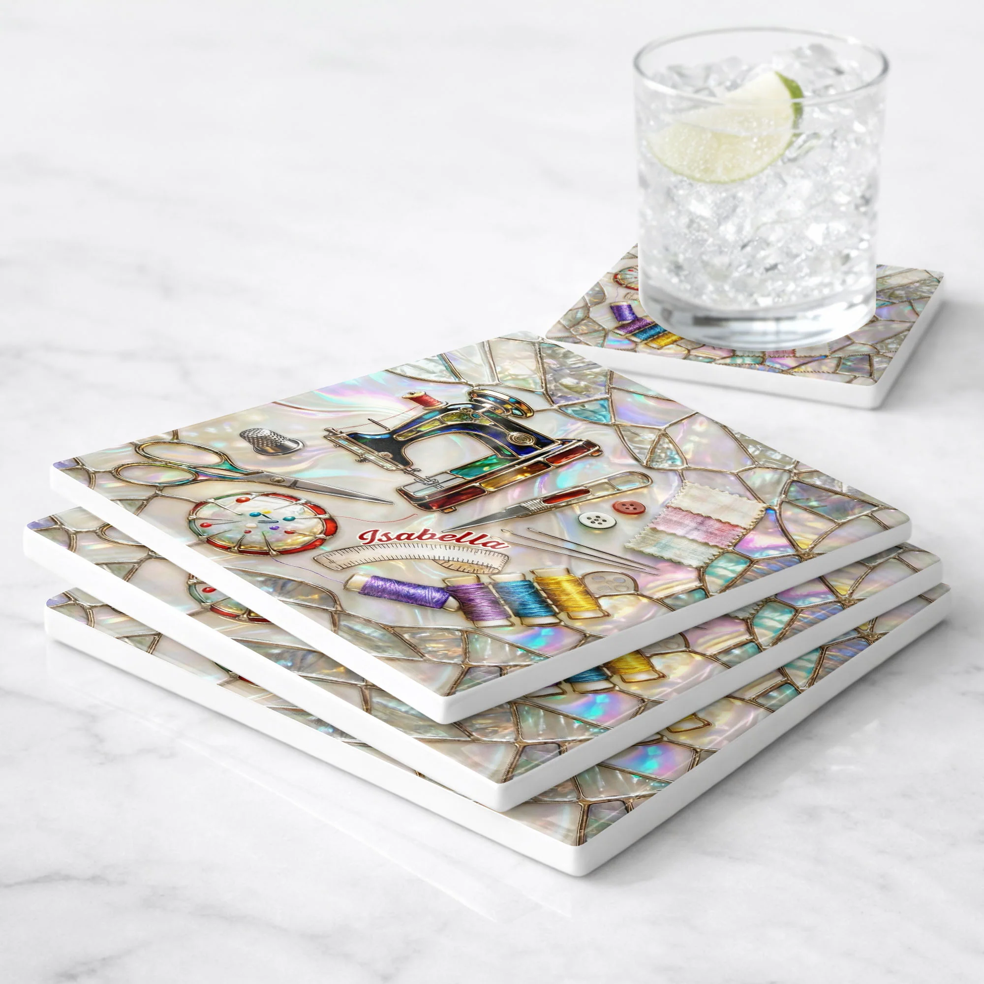 Vintage Sewing Machine And Tools Mosaic Design For Creative Soul - Personalized Custom Ceramic Coaster, Square Shape - JBS043_SOCO - Image 5