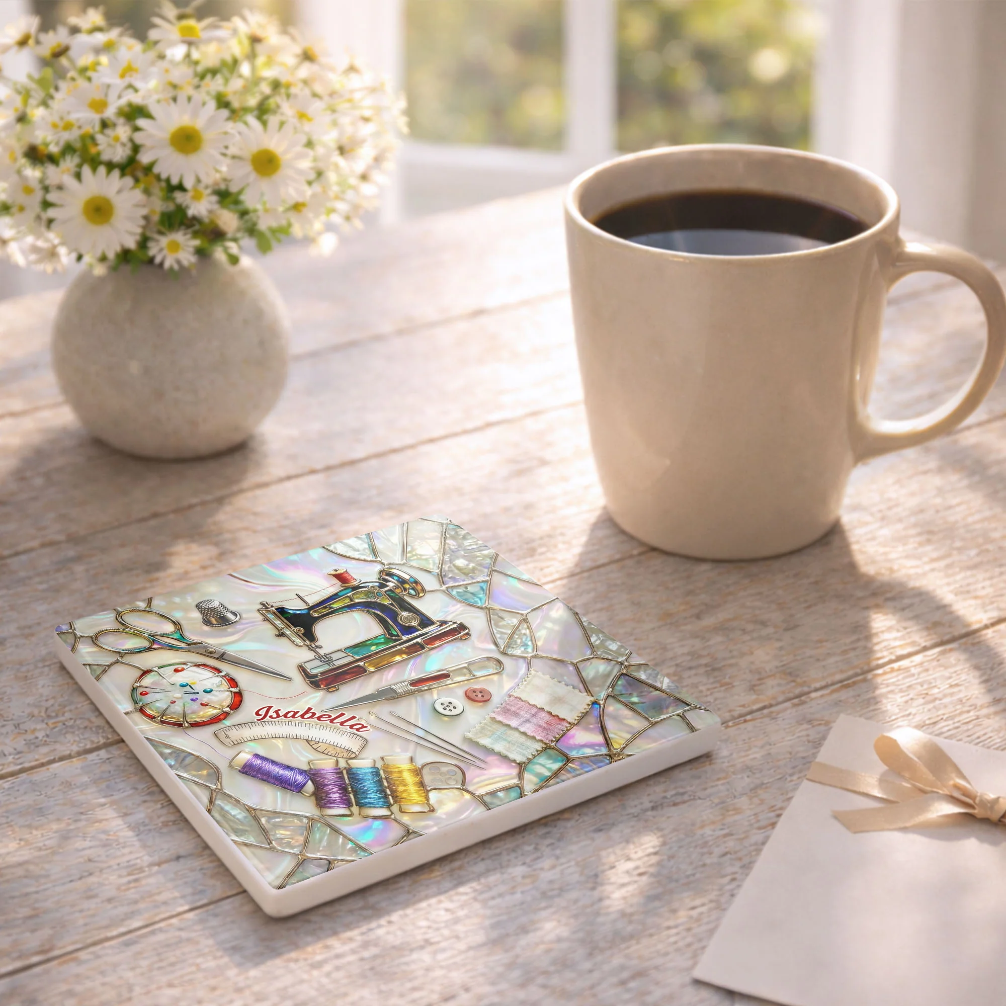 Vintage Sewing Machine And Tools Mosaic Design For Creative Soul - Personalized Custom Ceramic Coaster, Square Shape - JBS043_SOCO - Image 7