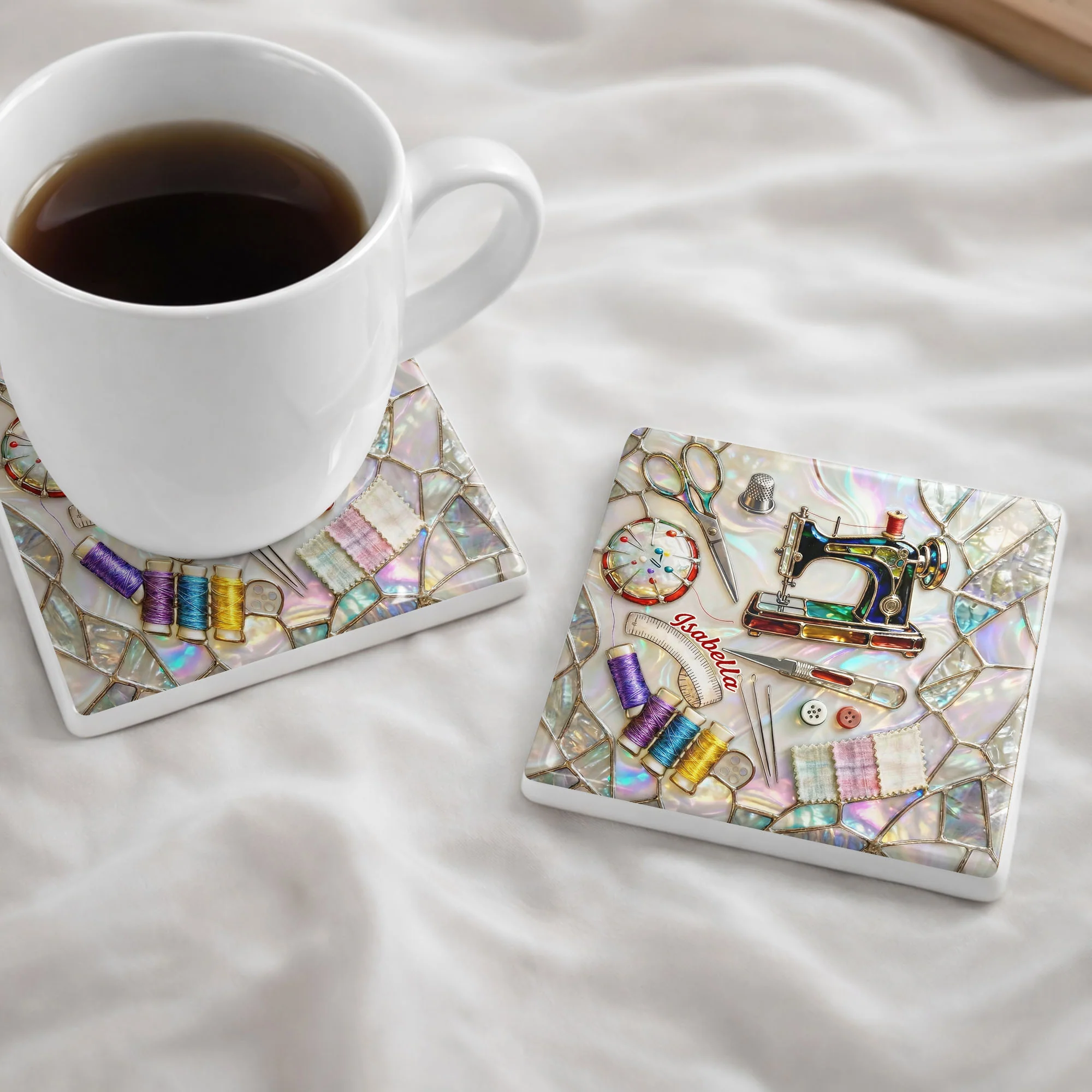 Vintage Sewing Machine And Tools Mosaic Design For Creative Soul - Personalized Custom Ceramic Coaster, Square Shape - JBS043_SOCO - Image 9