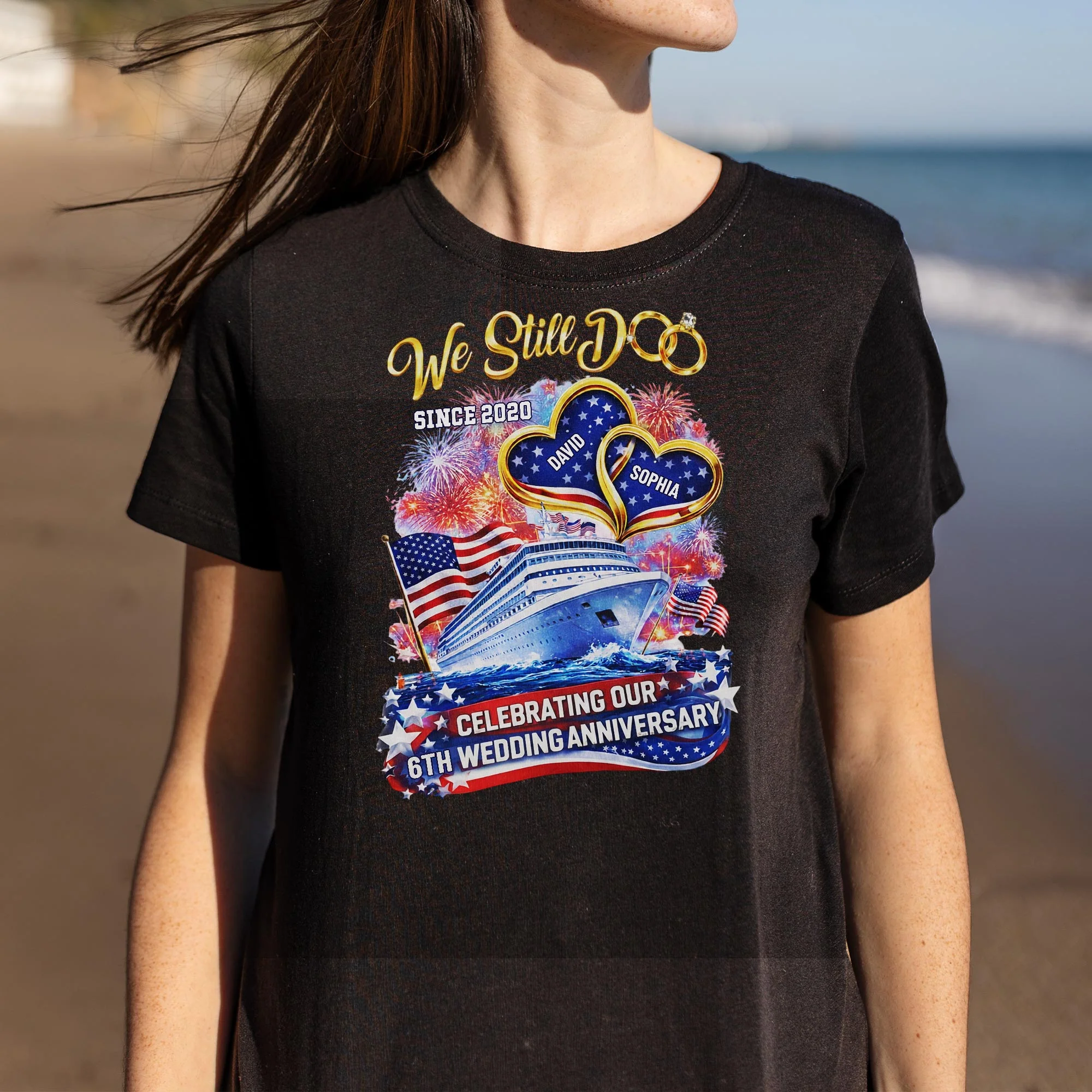 We Still Do Wedding Anniversary Cruise Ship With American Flag And Hearts - Personalized Custom Unisex T-shirt, Hoodie - CPL1412_BBAS - Image 11