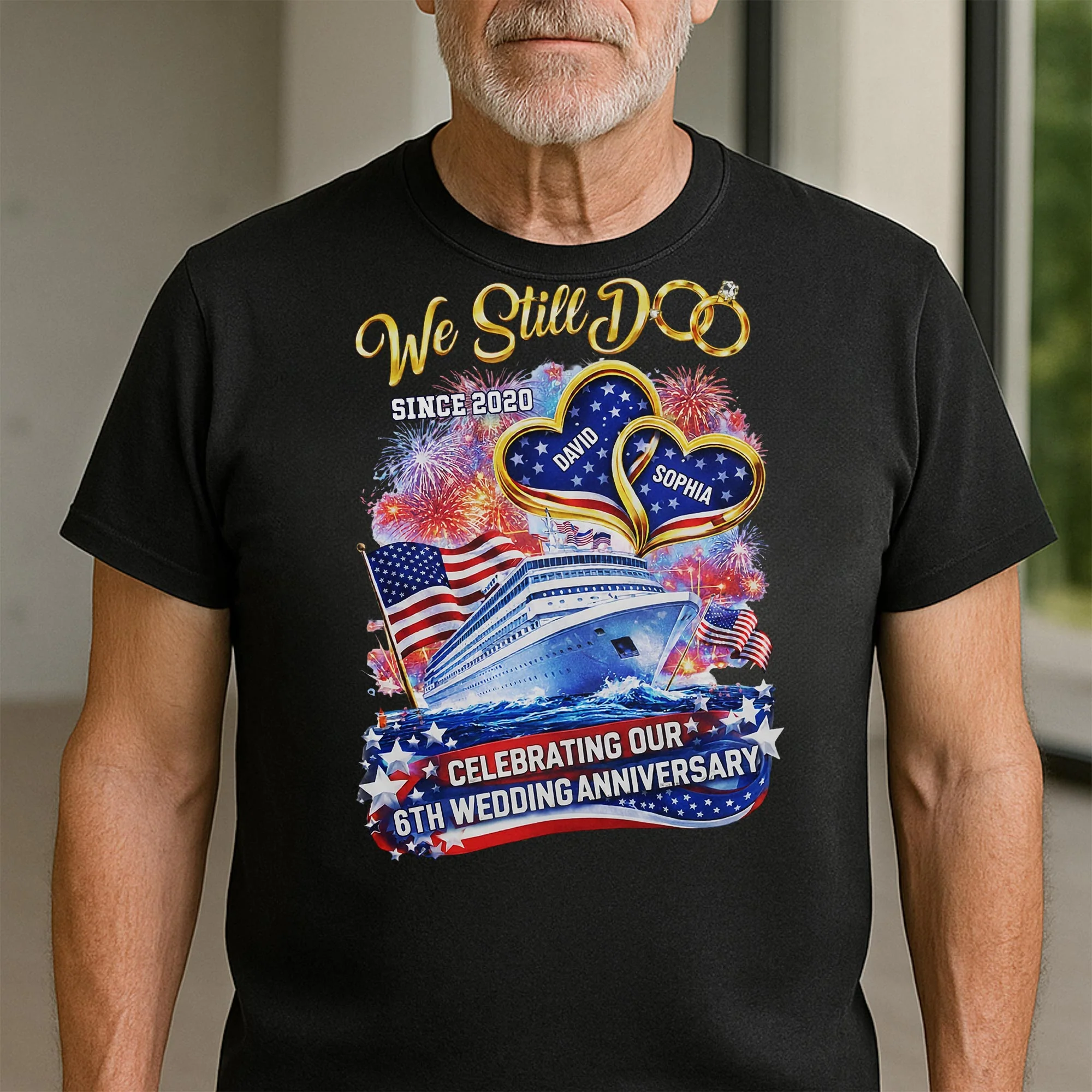 We Still Do Wedding Anniversary Cruise Ship With American Flag And Hearts - Personalized Custom Unisex T-shirt, Hoodie - CPL1412_BBAS - Image 12