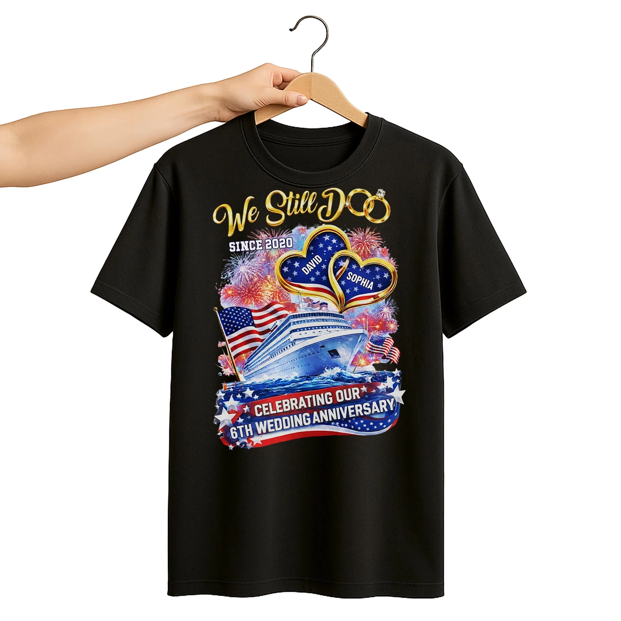 We Still Do Wedding Anniversary Cruise Ship With American Flag And Hearts - Personalized Custom Unisex T-shirt, Hoodie - CPL1412_BBAS - Image 17