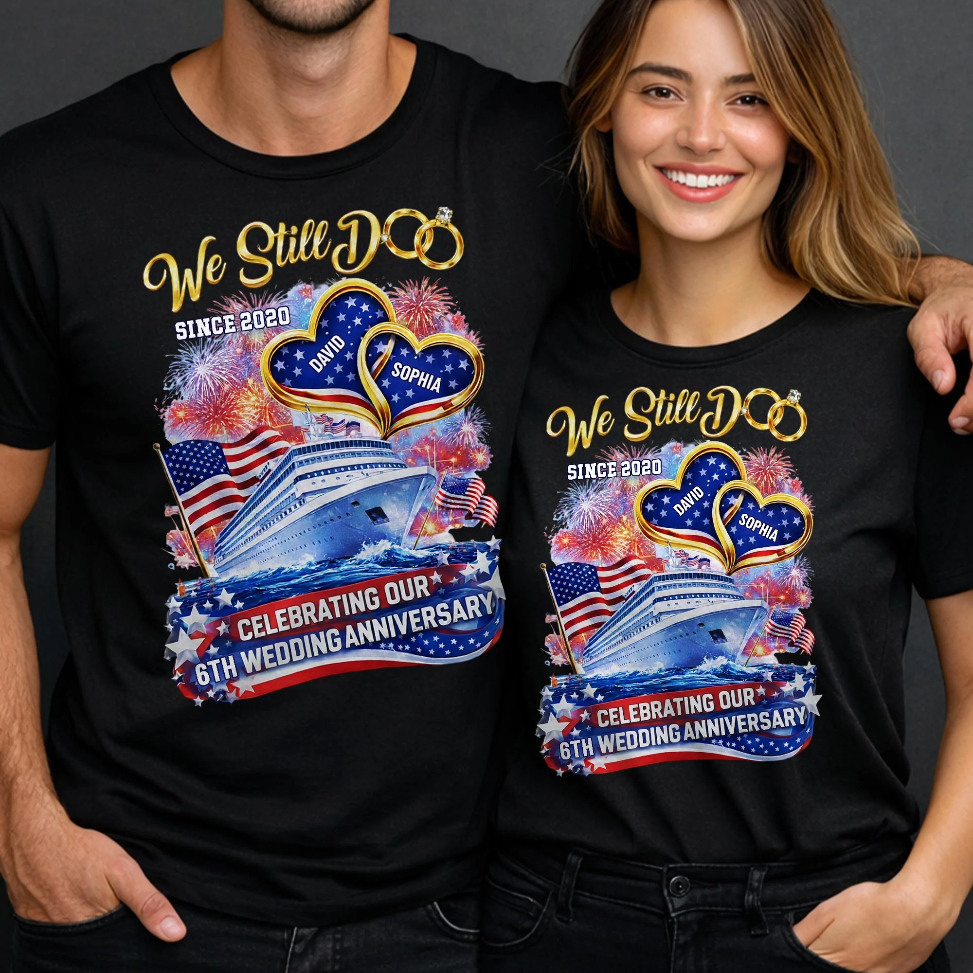 We Still Do Wedding Anniversary Cruise Ship With American Flag And Hearts - Personalized Custom Unisex T-shirt, Hoodie - CPL1412_BBAS - Image 4