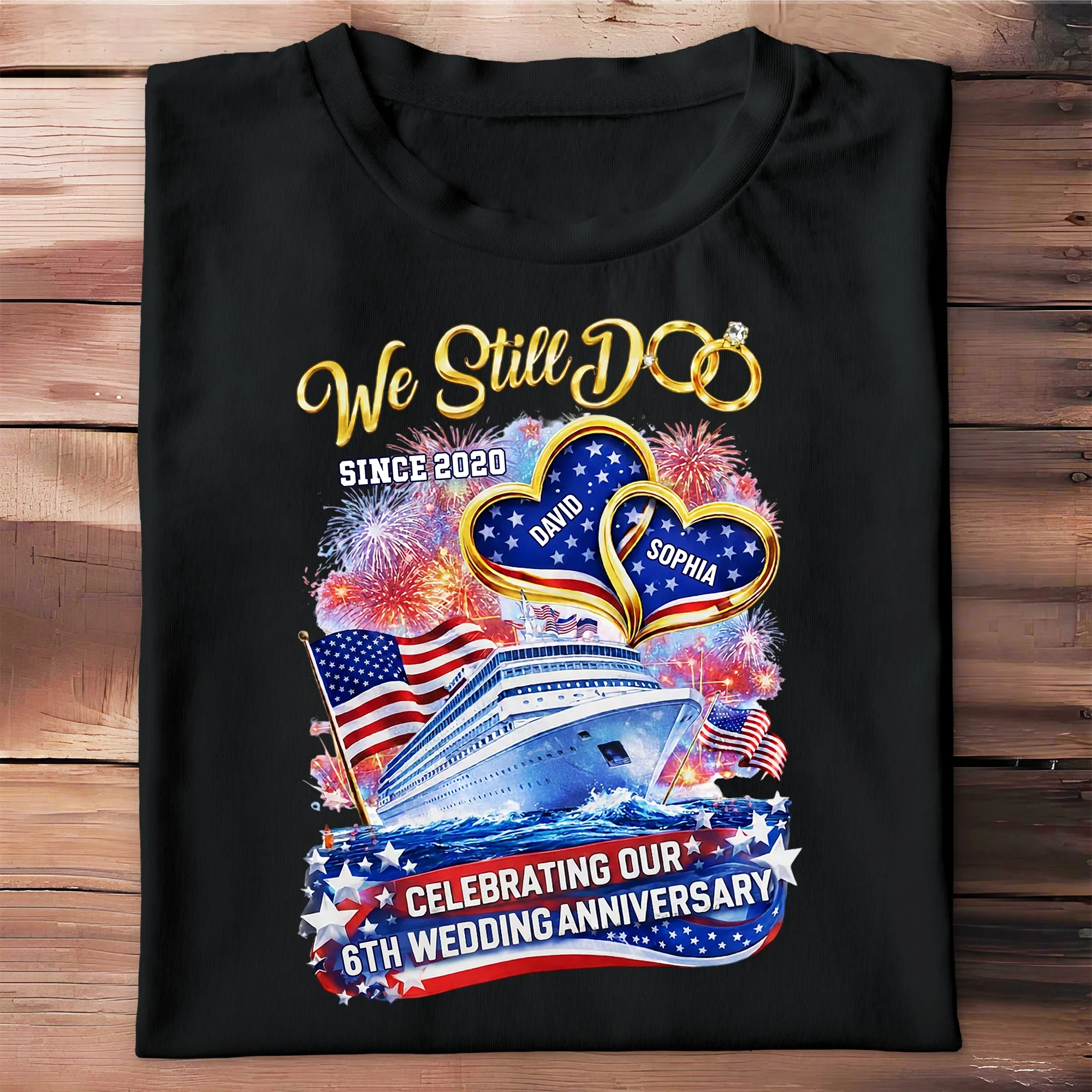 We Still Do Wedding Anniversary Cruise Ship With American Flag And Hearts - Personalized Custom Unisex T-shirt, Hoodie - CPL1412_BBAS - Image 5
