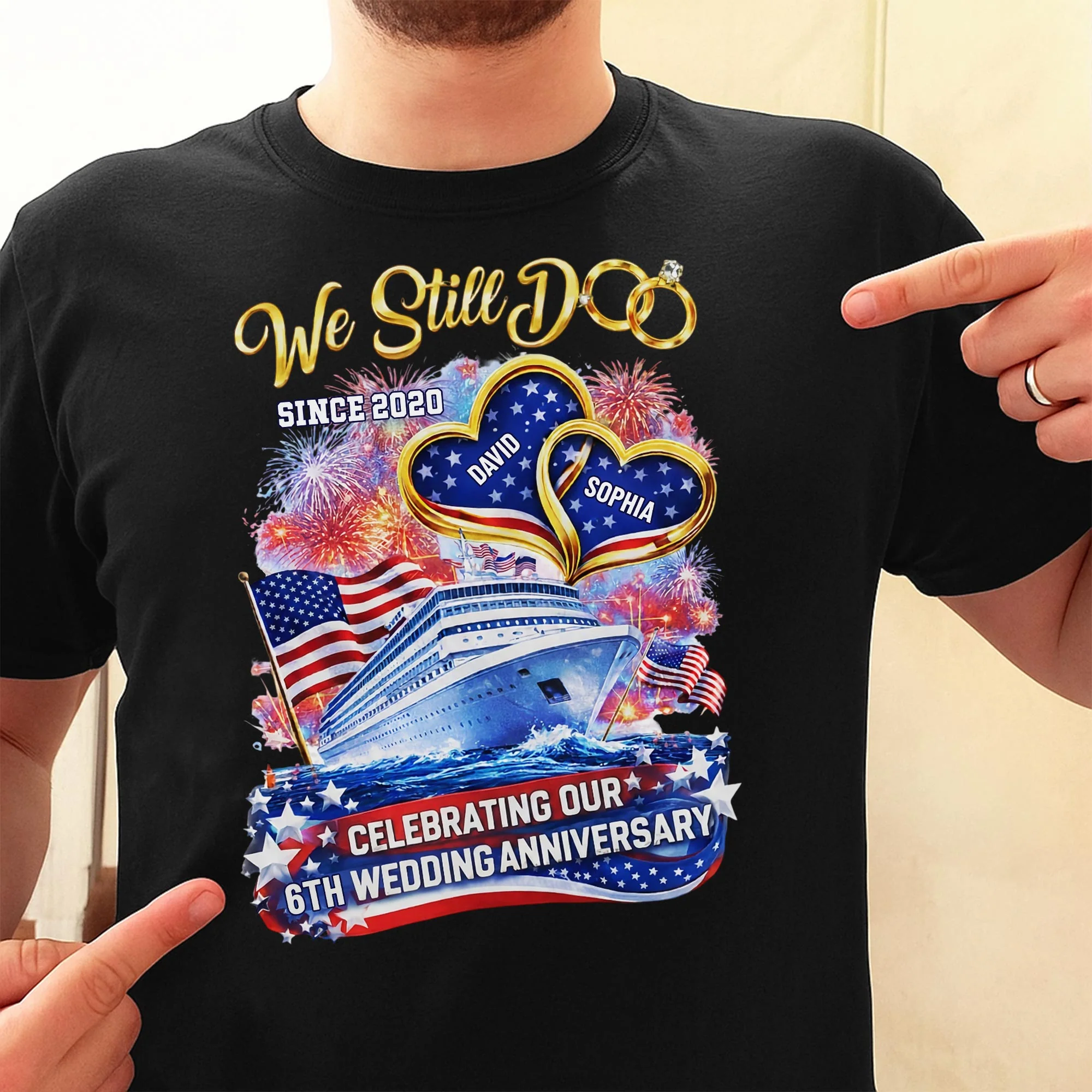 We Still Do Wedding Anniversary Cruise Ship With American Flag And Hearts - Personalized Custom Unisex T-shirt, Hoodie - CPL1412_BBAS - Image 6