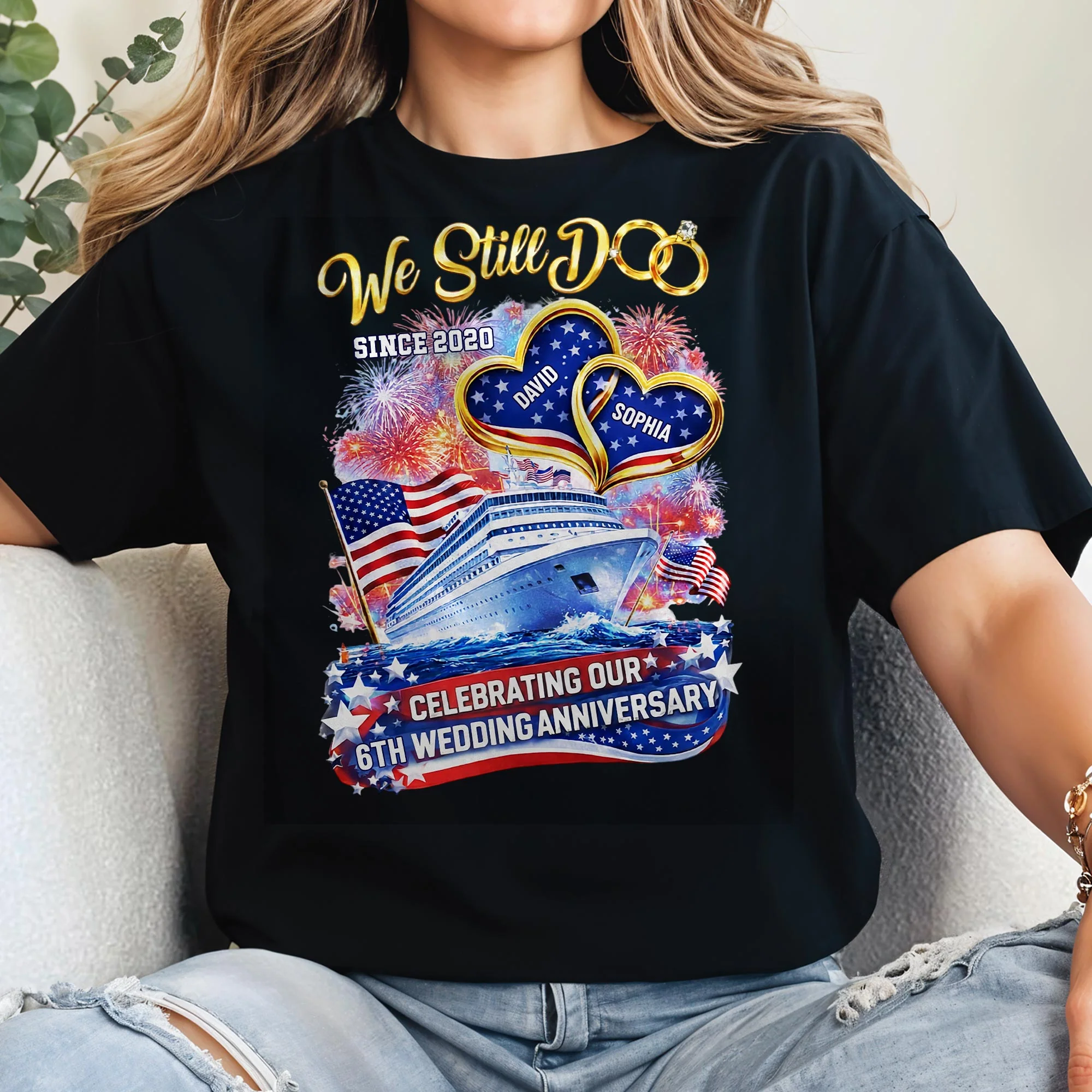We Still Do Wedding Anniversary Cruise Ship With American Flag And Hearts - Personalized Custom Unisex T-shirt, Hoodie - CPL1412_BBAS - Image 8