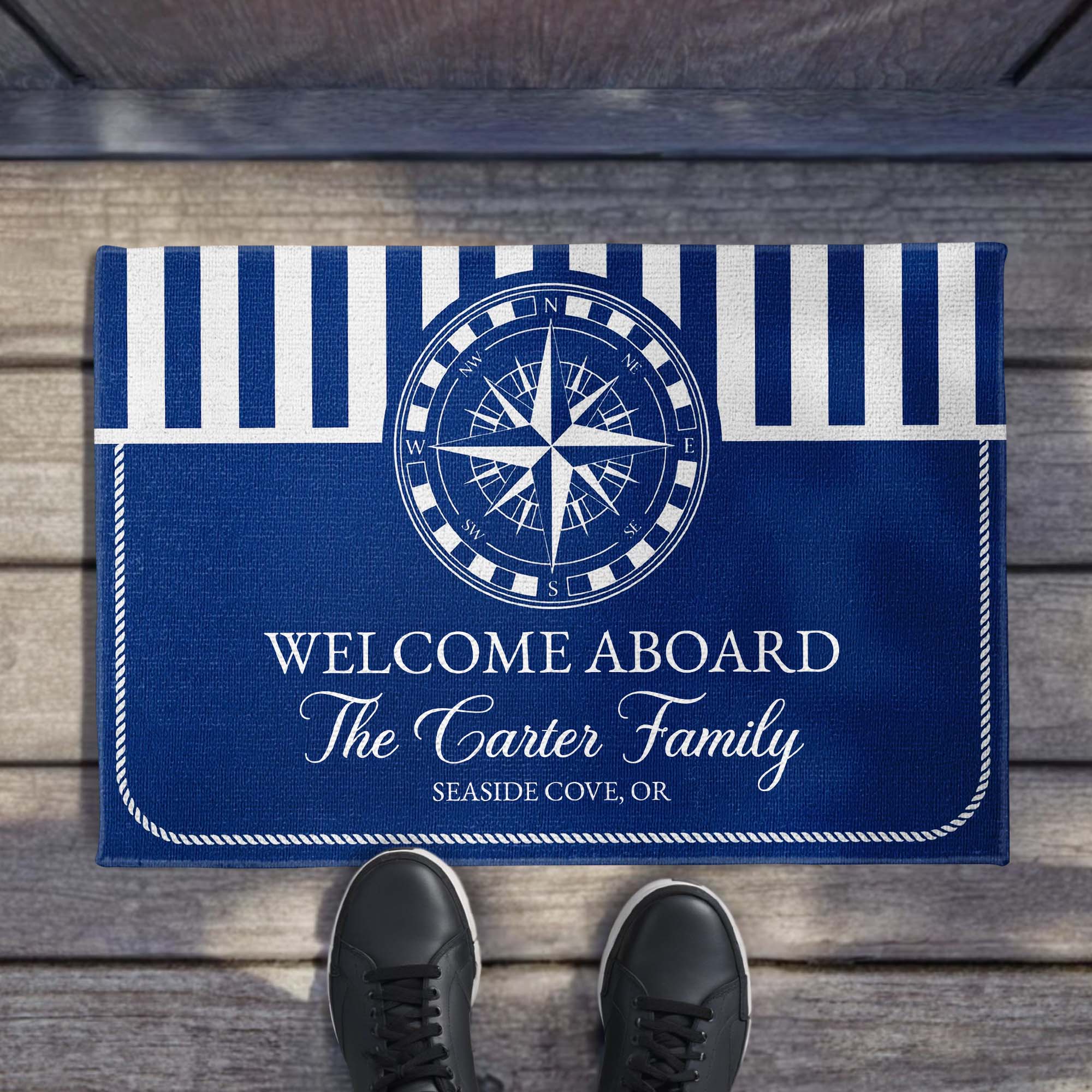 Welcome Aboard Nautical Compass Rose Family Blue Stripes Design - Personalized Custom Doormat - FAM810_DRM