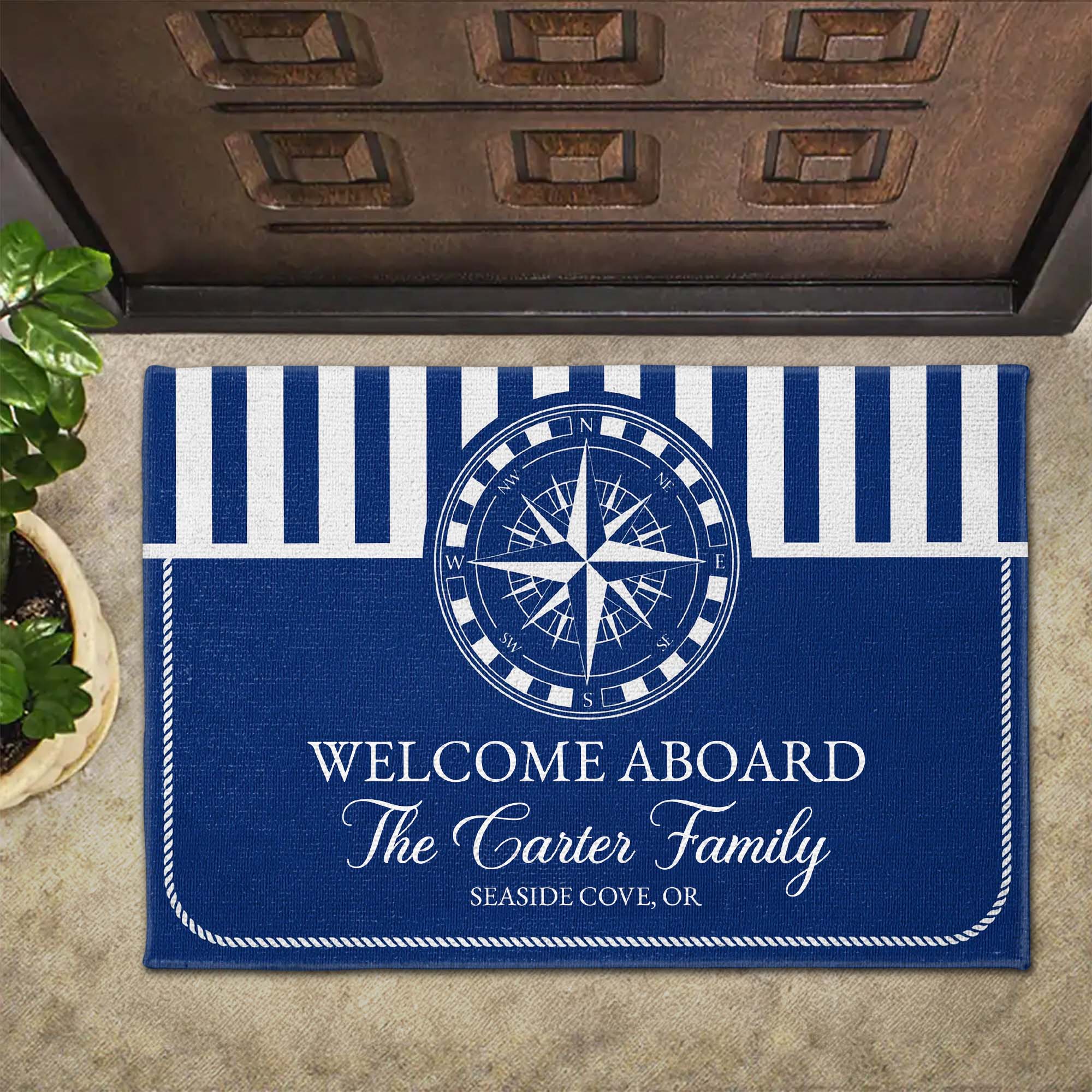 Welcome Aboard Nautical Compass Rose Family Blue Stripes Design - Personalized Custom Doormat - FAM810_DRM - Image 2