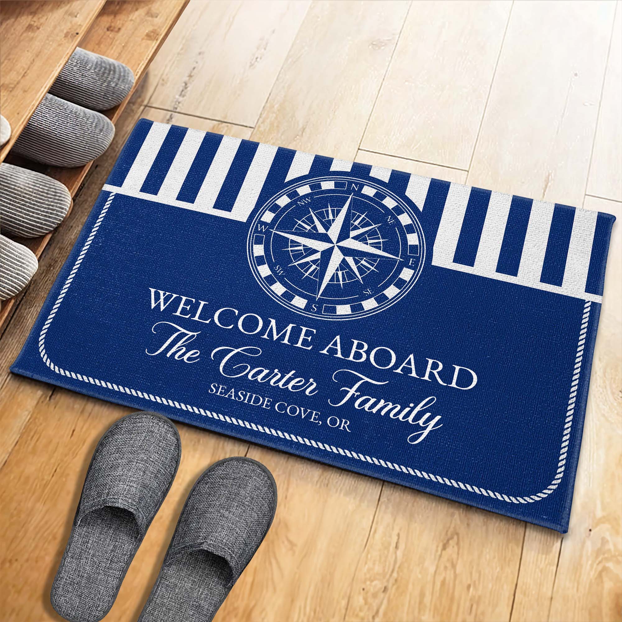 Welcome Aboard Nautical Compass Rose Family Blue Stripes Design - Personalized Custom Doormat - FAM810_DRM - Image 5