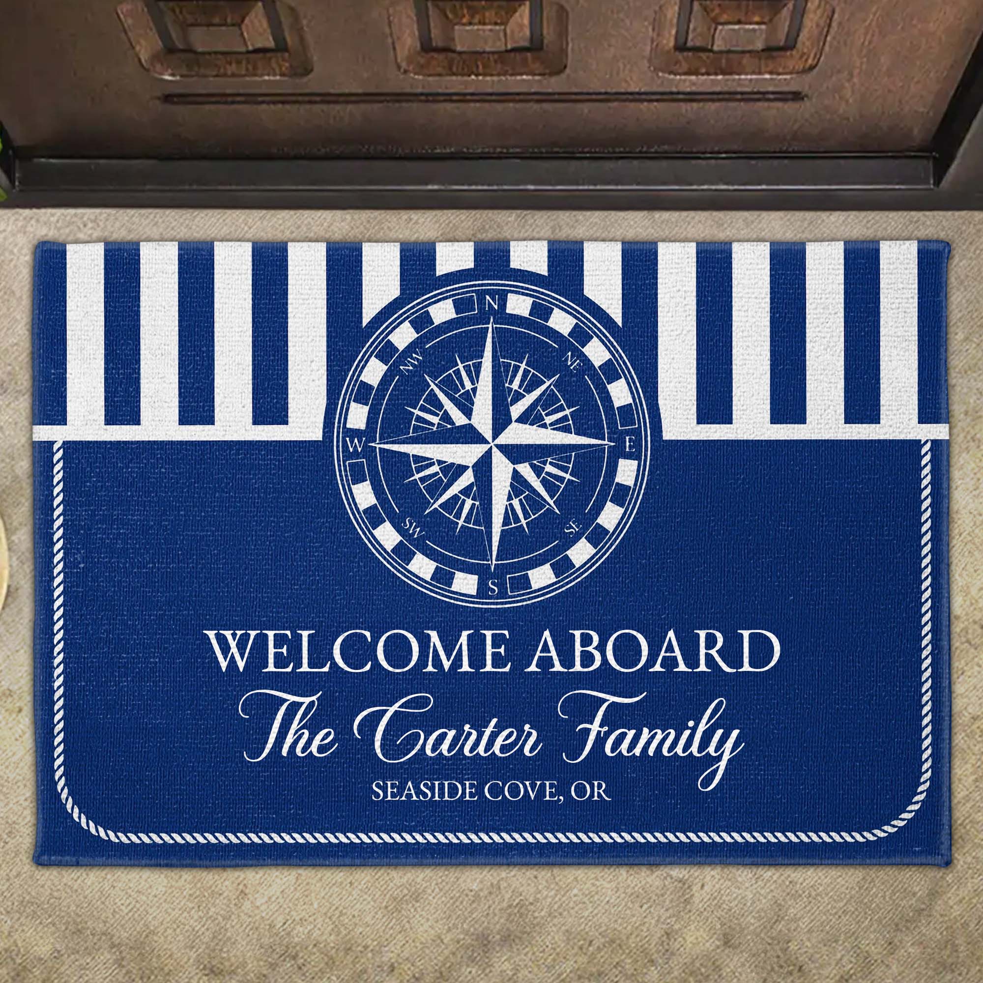 Welcome Aboard Nautical Compass Rose Family Blue Stripes Design - Personalized Custom Doormat - FAM810_DRM - Image 6