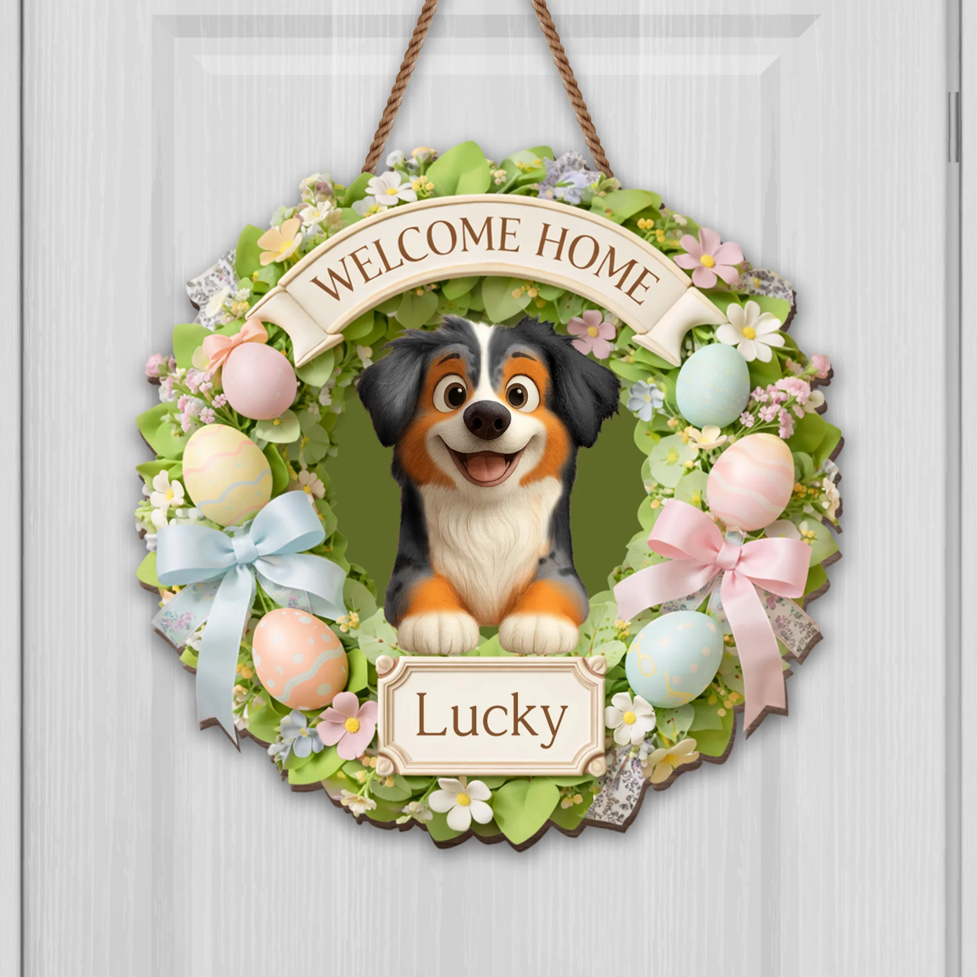 Welcome Home Dog Wreath With Flowers And Easter Eggs - Personalized Custom Shaped Wood Sign - DOG123_WSIGN