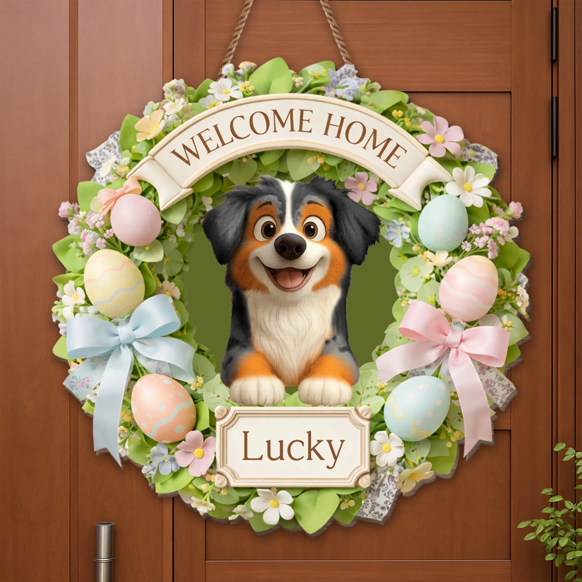 Welcome Home Dog Wreath With Flowers And Easter Eggs - Personalized Custom Shaped Wood Sign - DOG123_WSIGN - Image 4