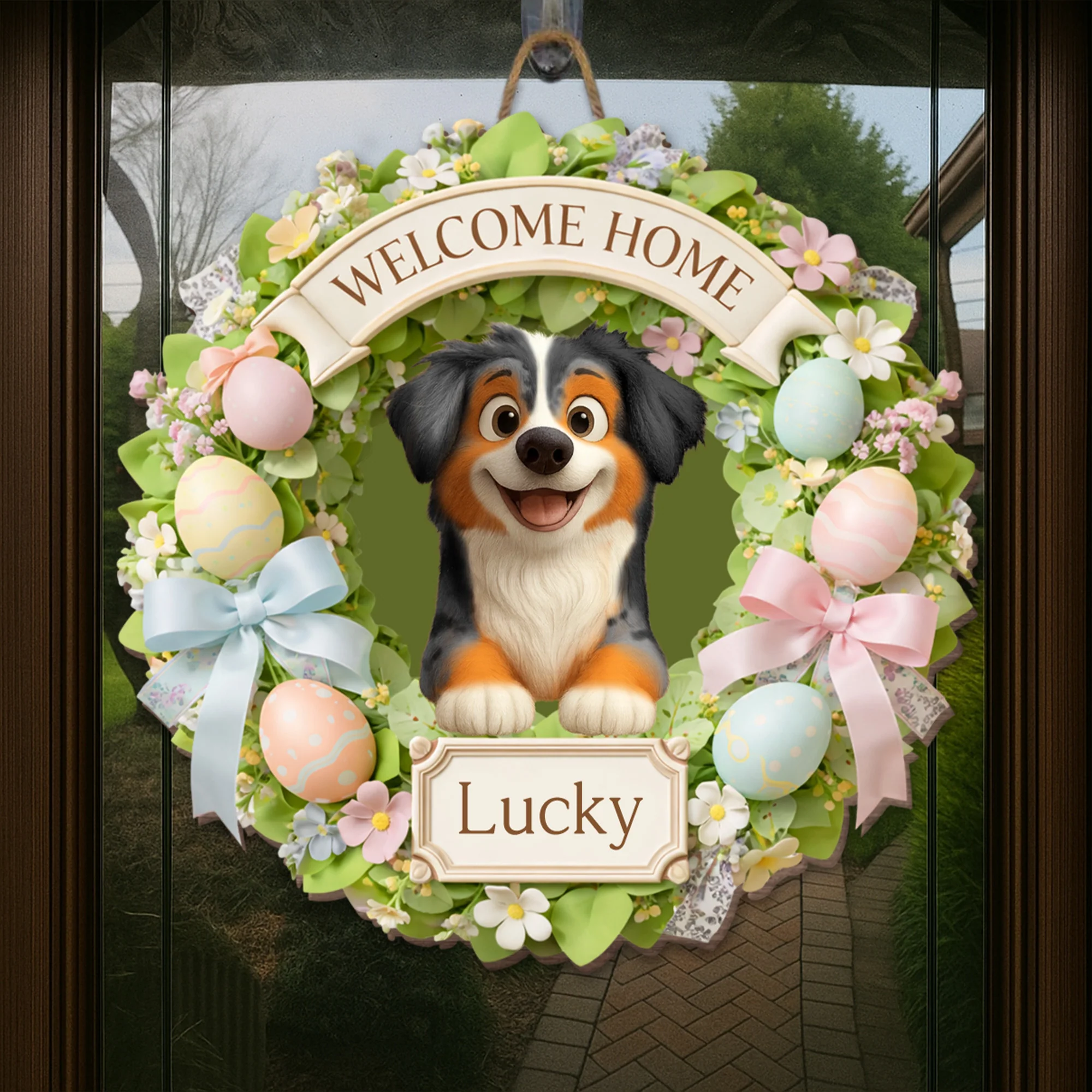 Welcome Home Dog Wreath With Flowers And Easter Eggs - Personalized Custom Shaped Wood Sign - DOG123_WSIGN - Image 5