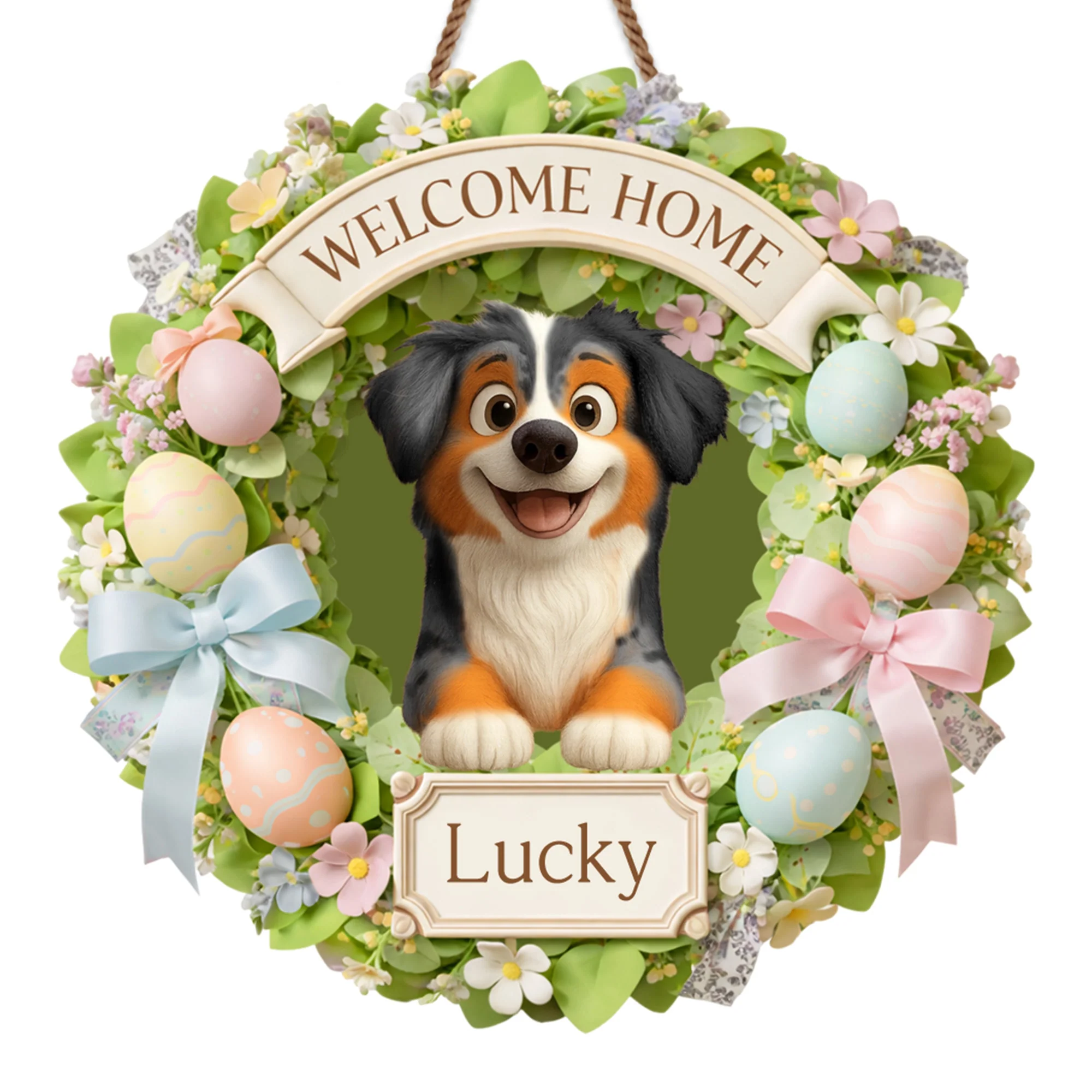 Welcome Home Dog Wreath With Flowers And Easter Eggs - Personalized Custom Shaped Wood Sign - DOG123_WSIGN - Image 7