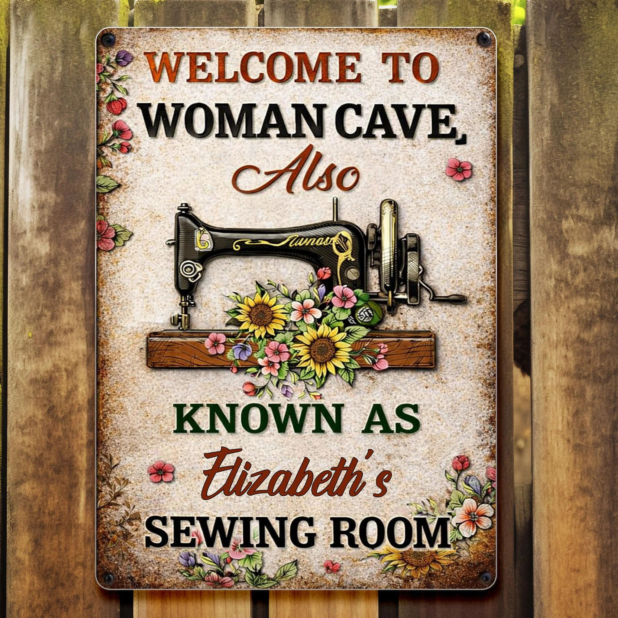 Welcome To Woman Cave Sewing Room Vintage Sewing Machine And Flowers - Personalized Metal Sign - JBS054_MSIGN - Image 3