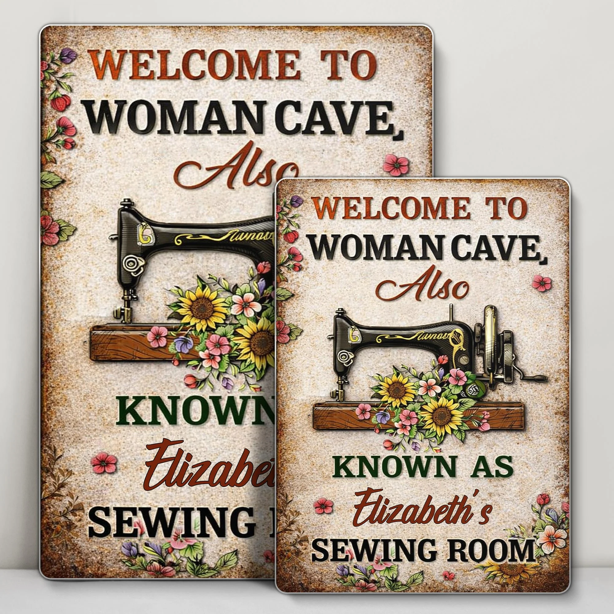 Welcome To Woman Cave Sewing Room Vintage Sewing Machine And Flowers - Personalized Metal Sign - JBS054_MSIGN - Image 4