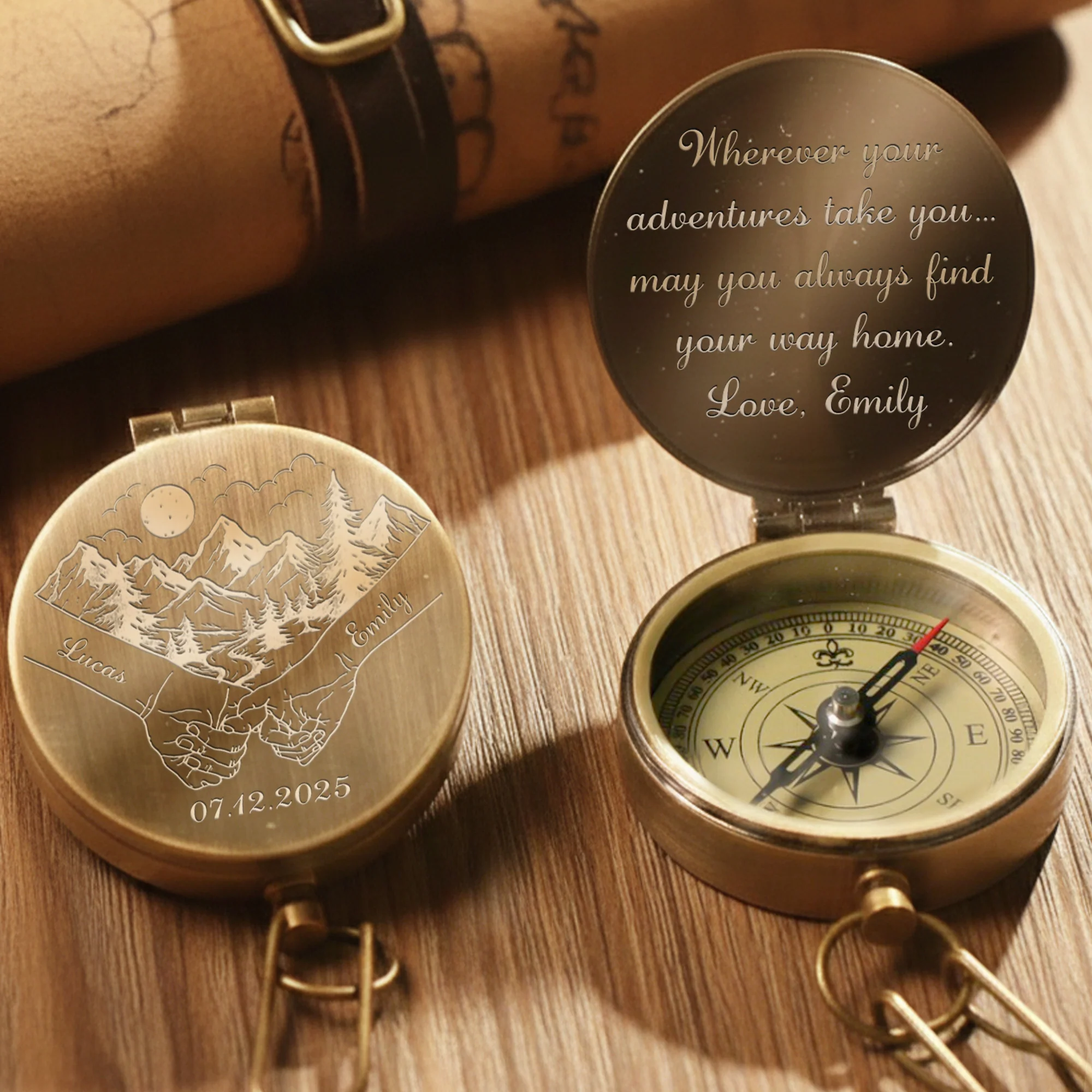 Wherever Your Adventures Take You Holding Hands Mountain Forest Scene - Personalized Engraved Brass Compass - CPL1413_ECPASS - Image 10