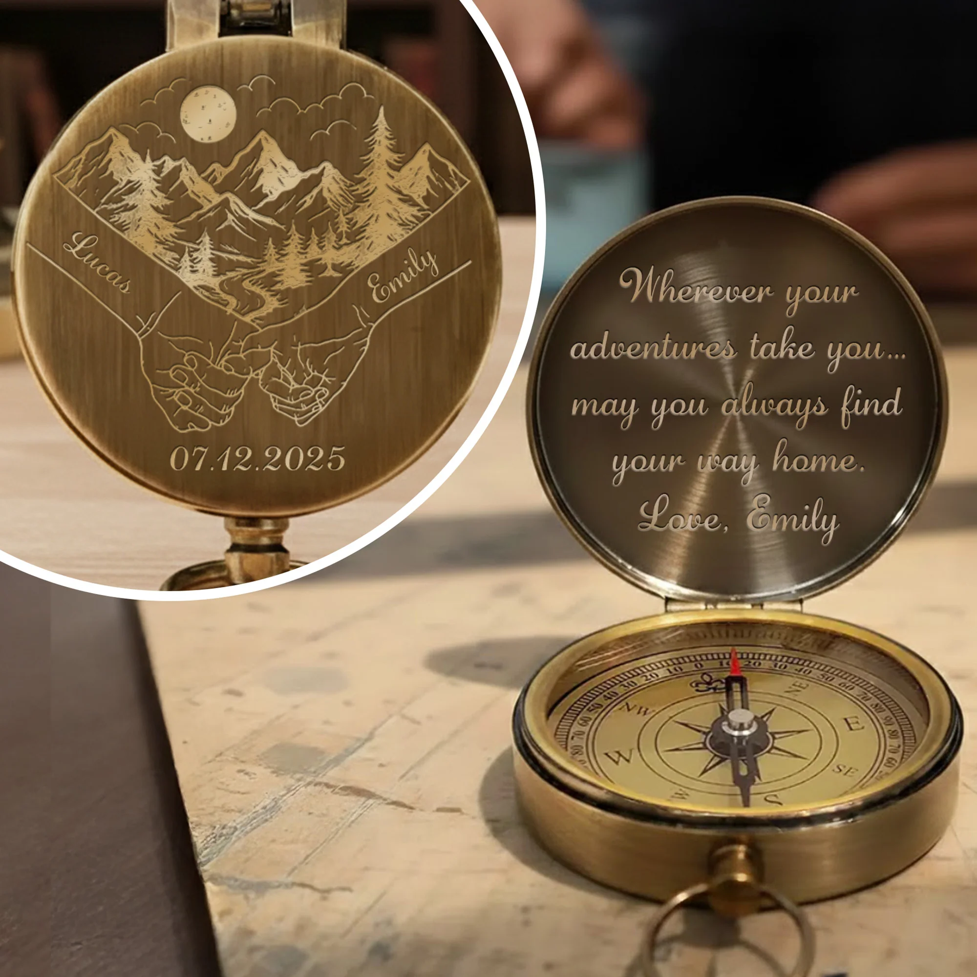 Wherever Your Adventures Take You Holding Hands Mountain Forest Scene - Personalized Engraved Brass Compass - CPL1413_ECPASS - Image 2
