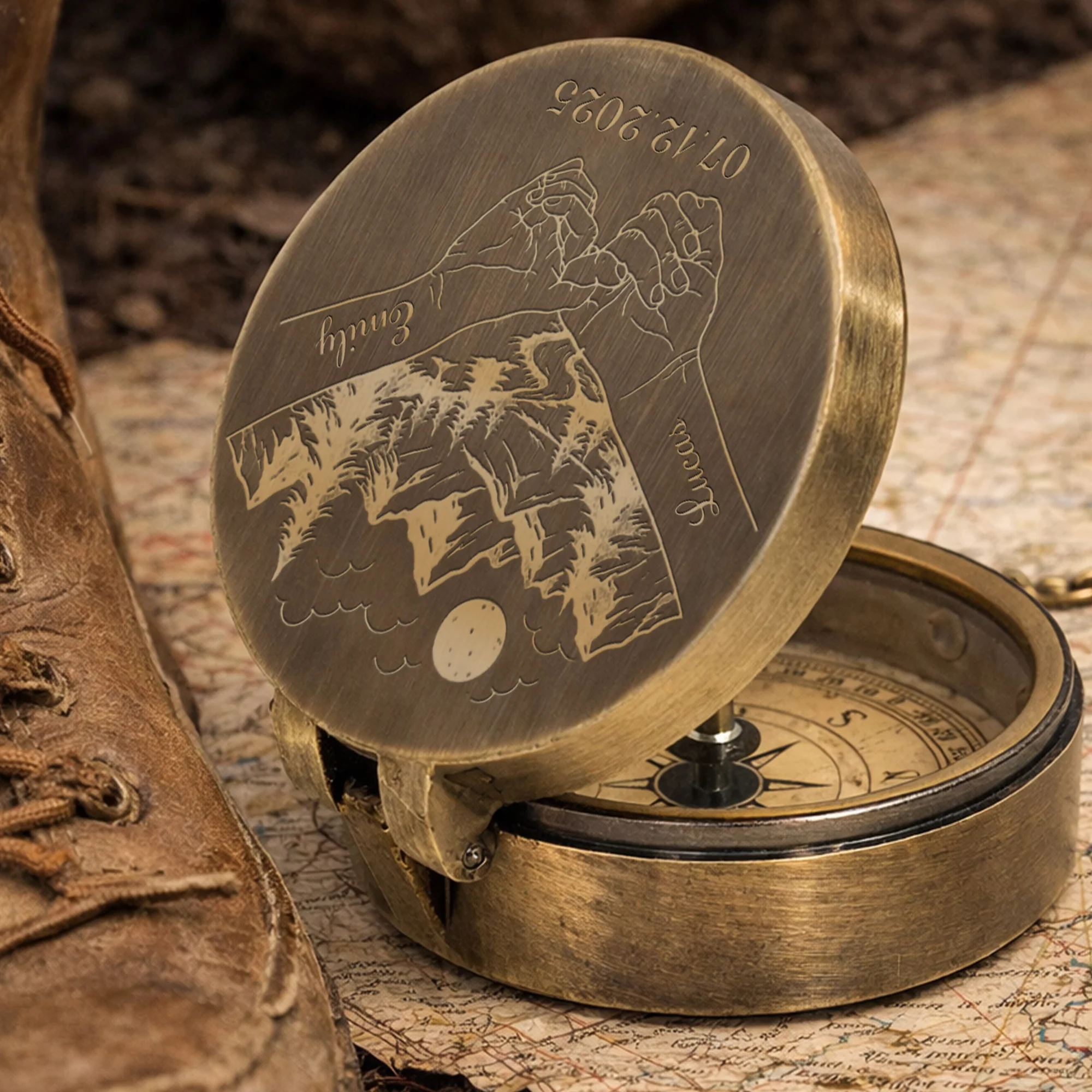 Wherever Your Adventures Take You Holding Hands Mountain Forest Scene - Personalized Engraved Brass Compass - CPL1413_ECPASS - Image 3