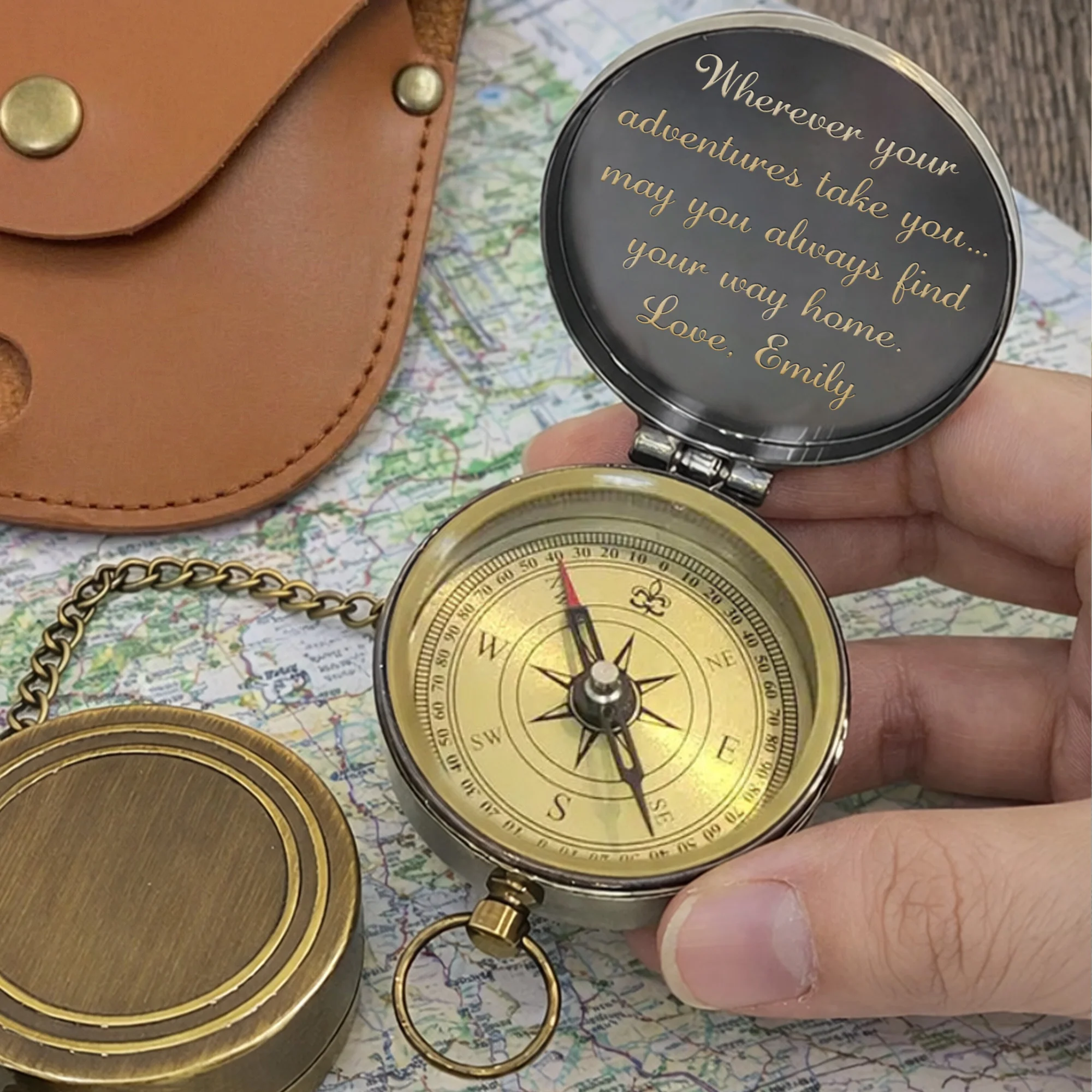 Wherever Your Adventures Take You Holding Hands Mountain Forest Scene - Personalized Engraved Brass Compass - CPL1413_ECPASS - Image 4