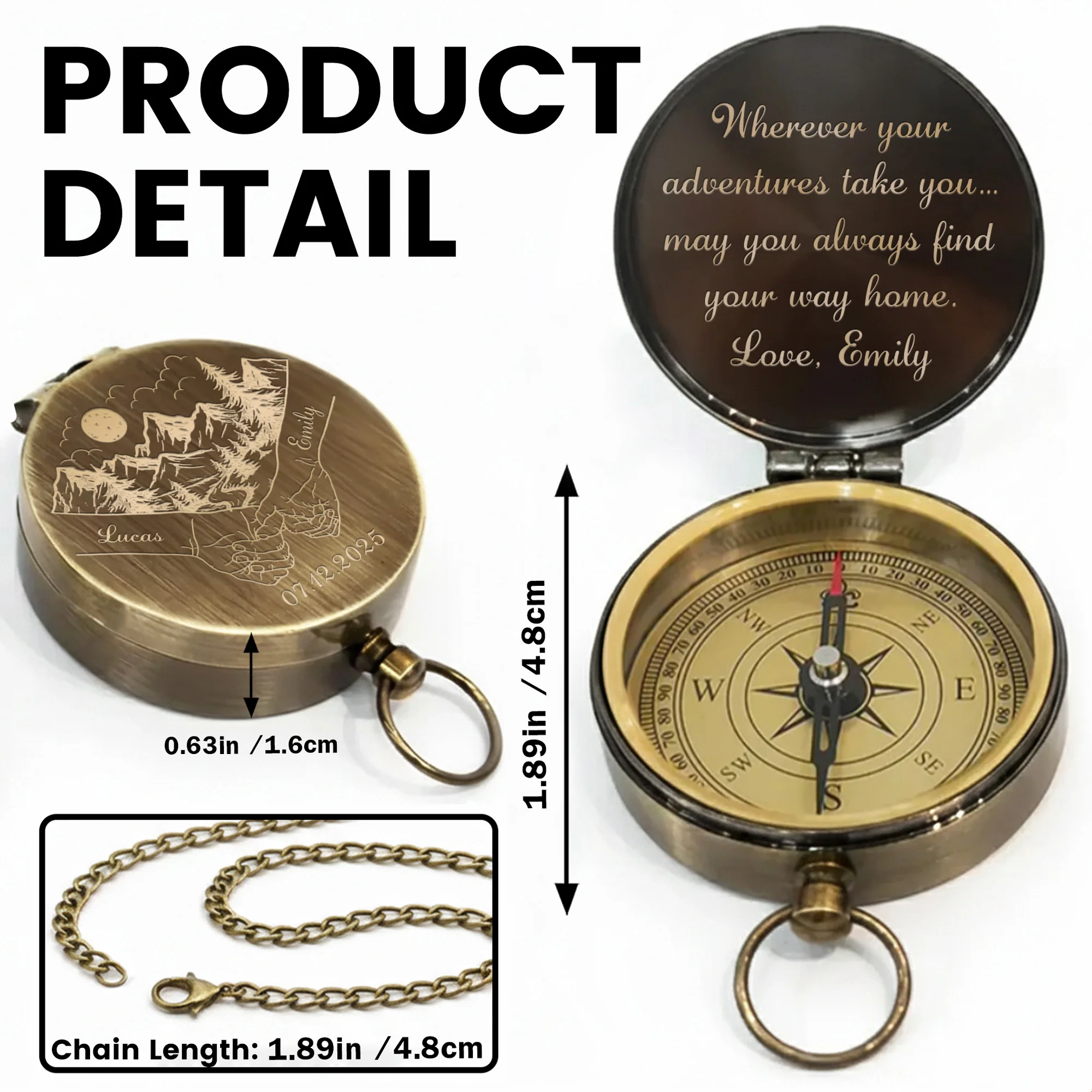 Wherever Your Adventures Take You Holding Hands Mountain Forest Scene - Personalized Engraved Brass Compass - CPL1413_ECPASS - Image 5