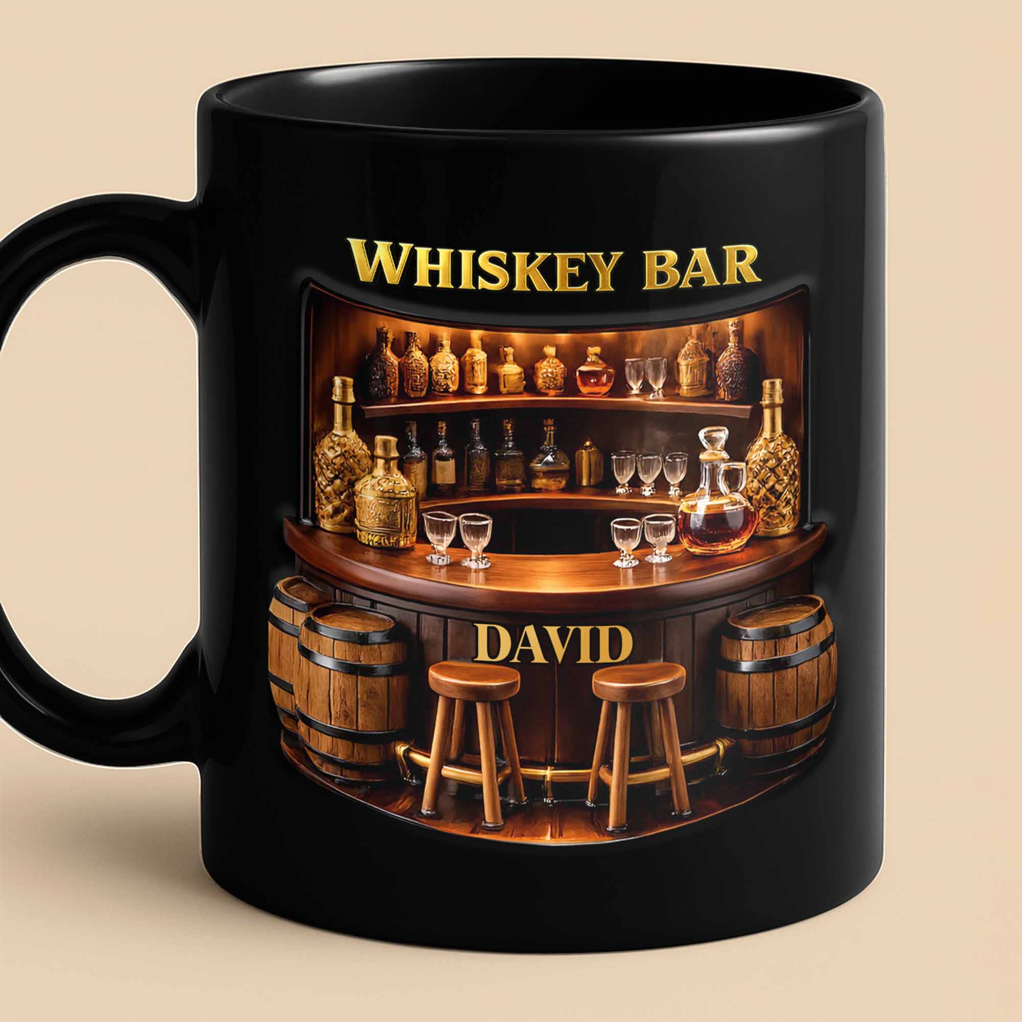 Whiskey Bar Custom Name Mug With Vintage Bar Counter And Wooden Barrels - Personalized Custom Black Mug - HOB143_BMUG - Image 2