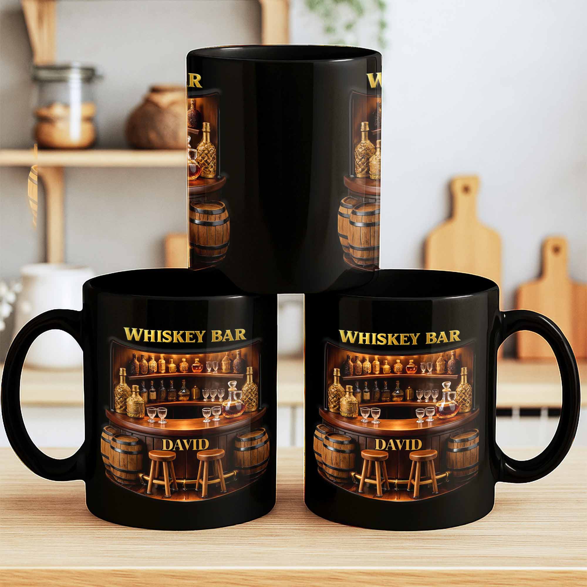 Whiskey Bar Custom Name Mug With Vintage Bar Counter And Wooden Barrels - Personalized Custom Black Mug - HOB143_BMUG - Image 4