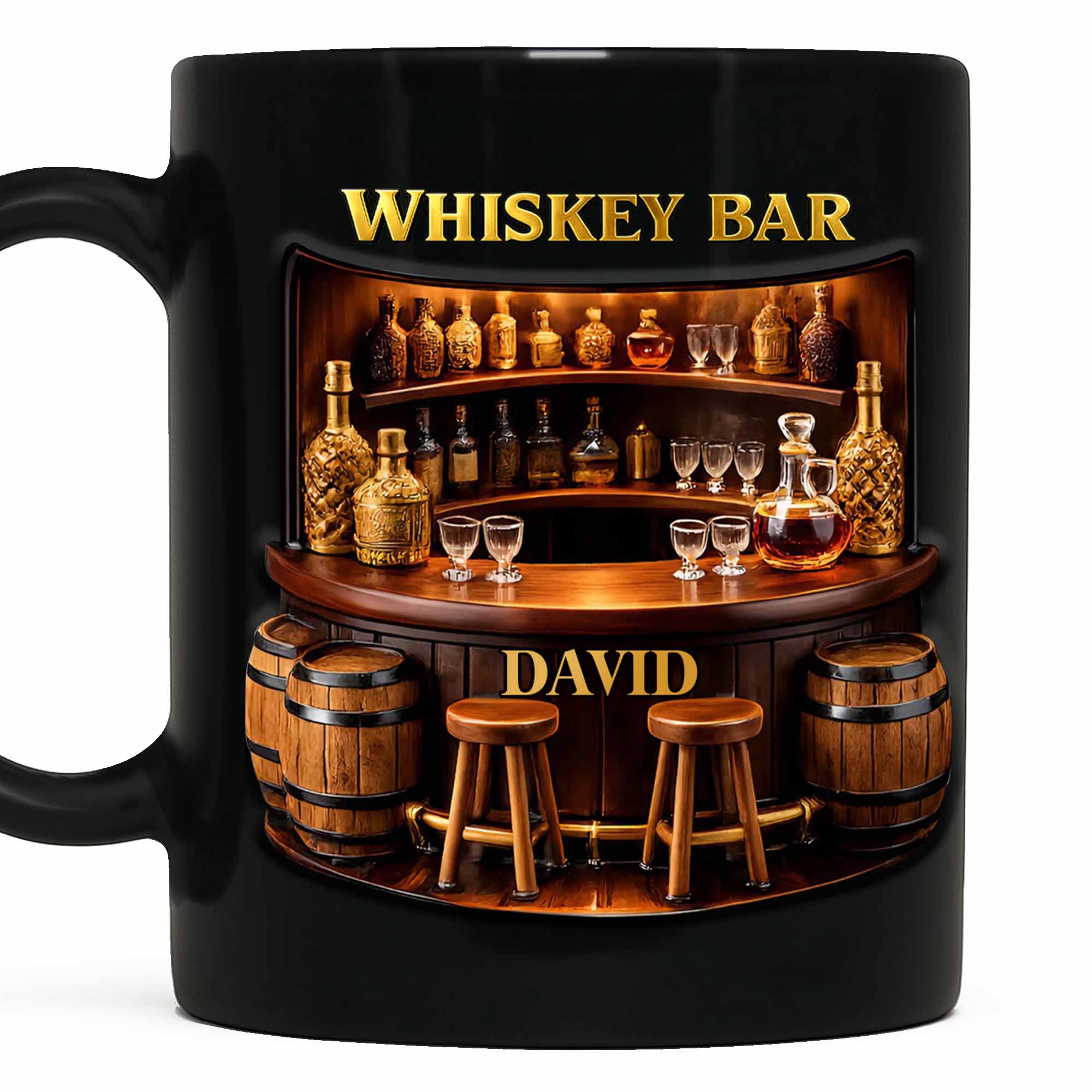 Whiskey Bar Custom Name Mug With Vintage Bar Counter And Wooden Barrels - Personalized Custom Black Mug - HOB143_BMUG - Image 6