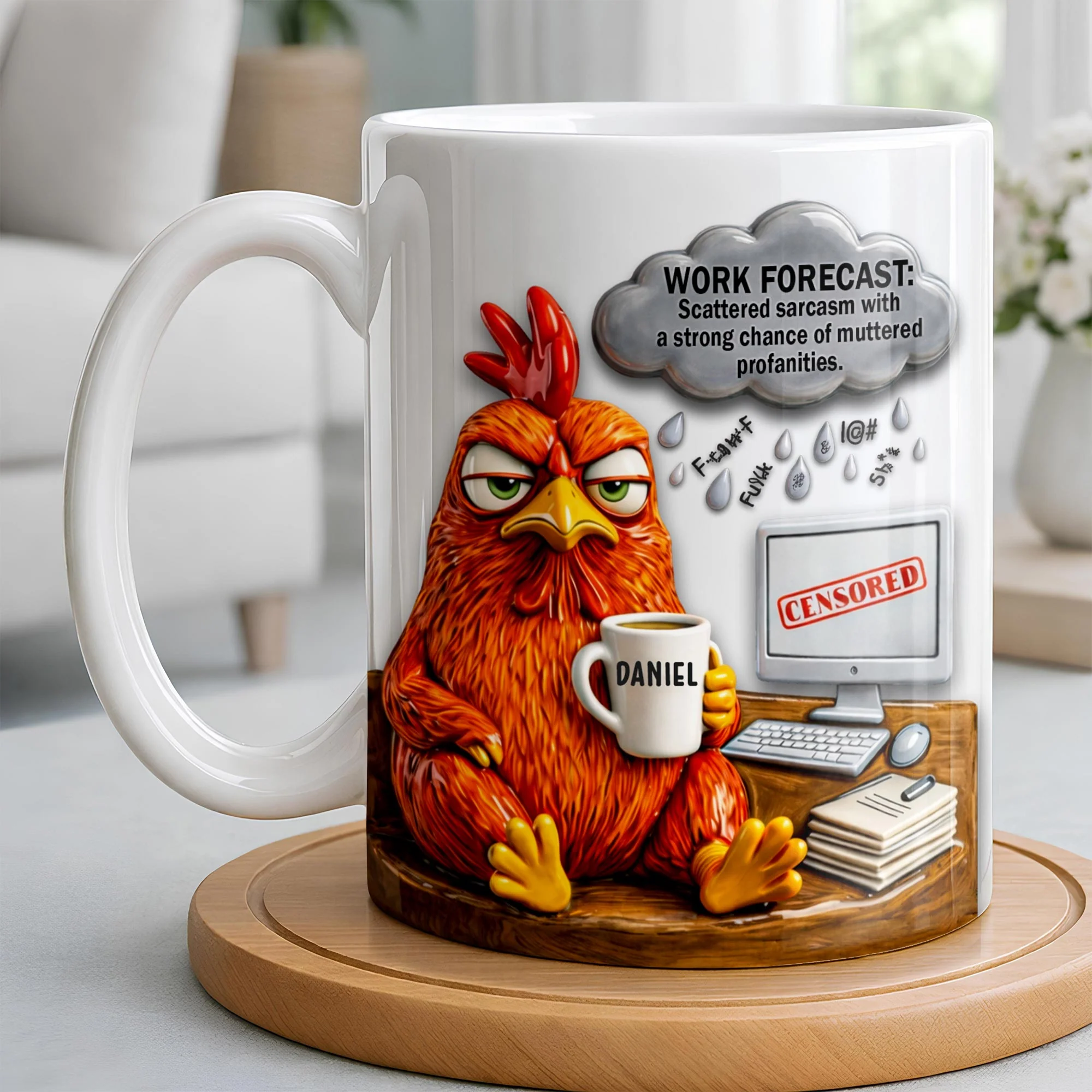 Work Forecast Scattered Sarcasm Grumpy Chicken At Desk - Personalized Custom Coffee Mug - COL132_MG - Image 3