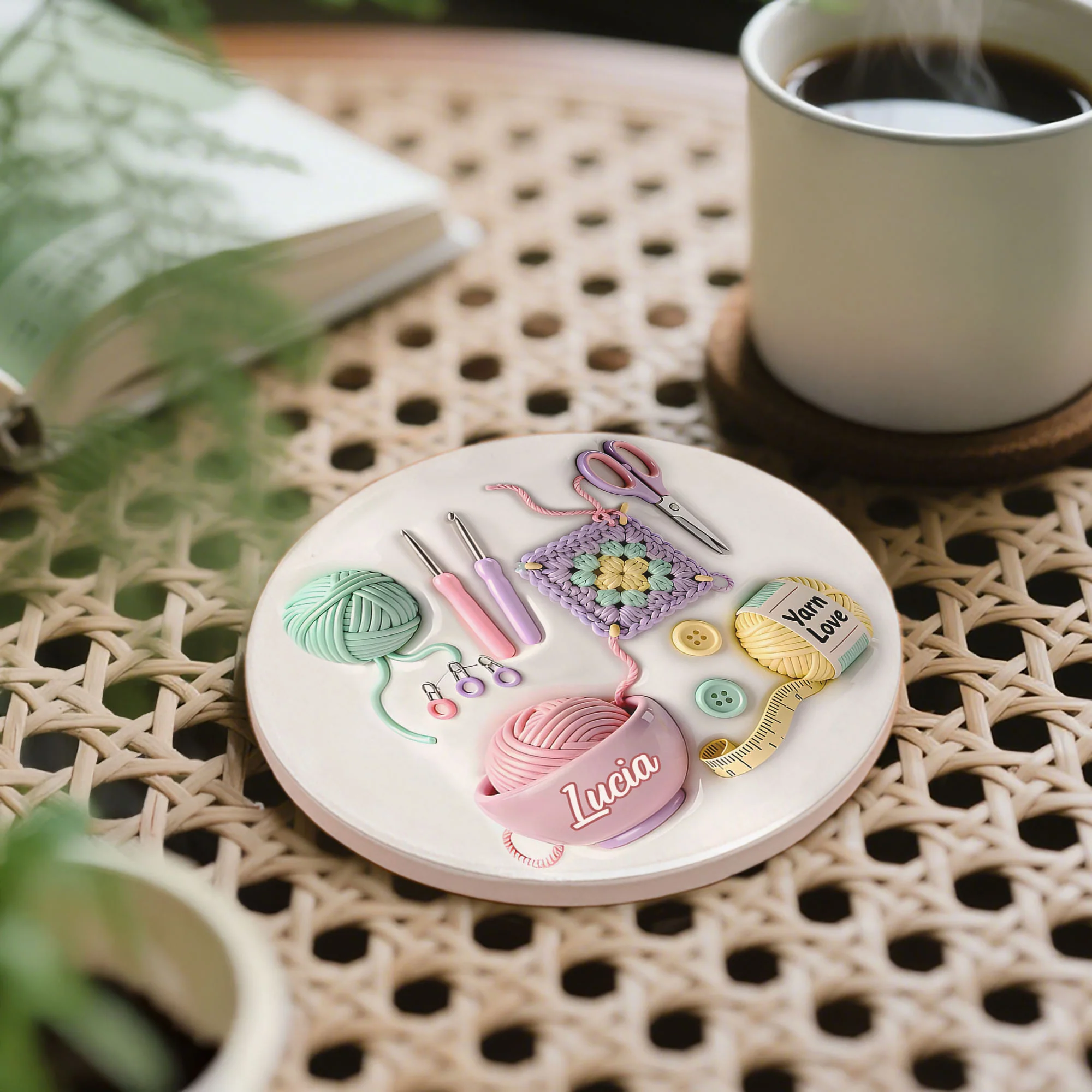 Yarn Love Crochet And Knitting Tools With Yarn Balls - Personalized Custom Ceramic Coaster - HOB007_ROCO