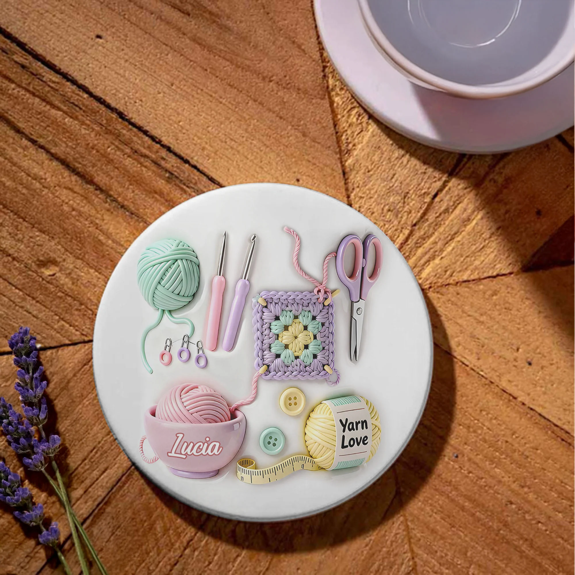 Yarn Love Crochet And Knitting Tools With Yarn Balls - Personalized Custom Ceramic Coaster - HOB007_ROCO - Image 3
