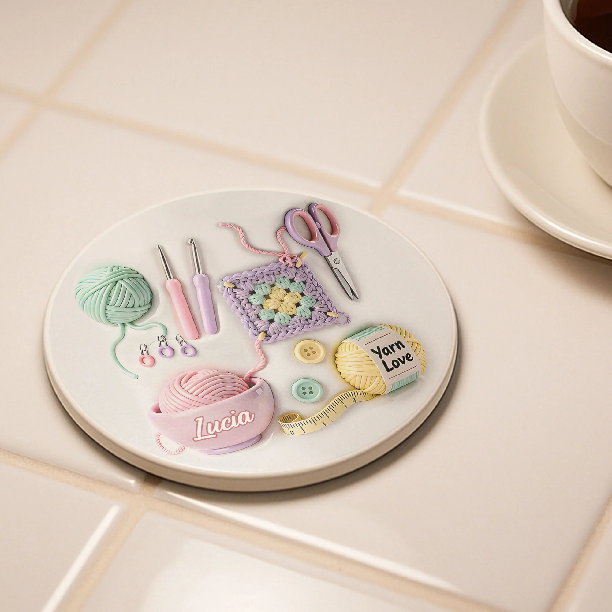 Yarn Love Crochet And Knitting Tools With Yarn Balls - Personalized Custom Ceramic Coaster - HOB007_ROCO - Image 4
