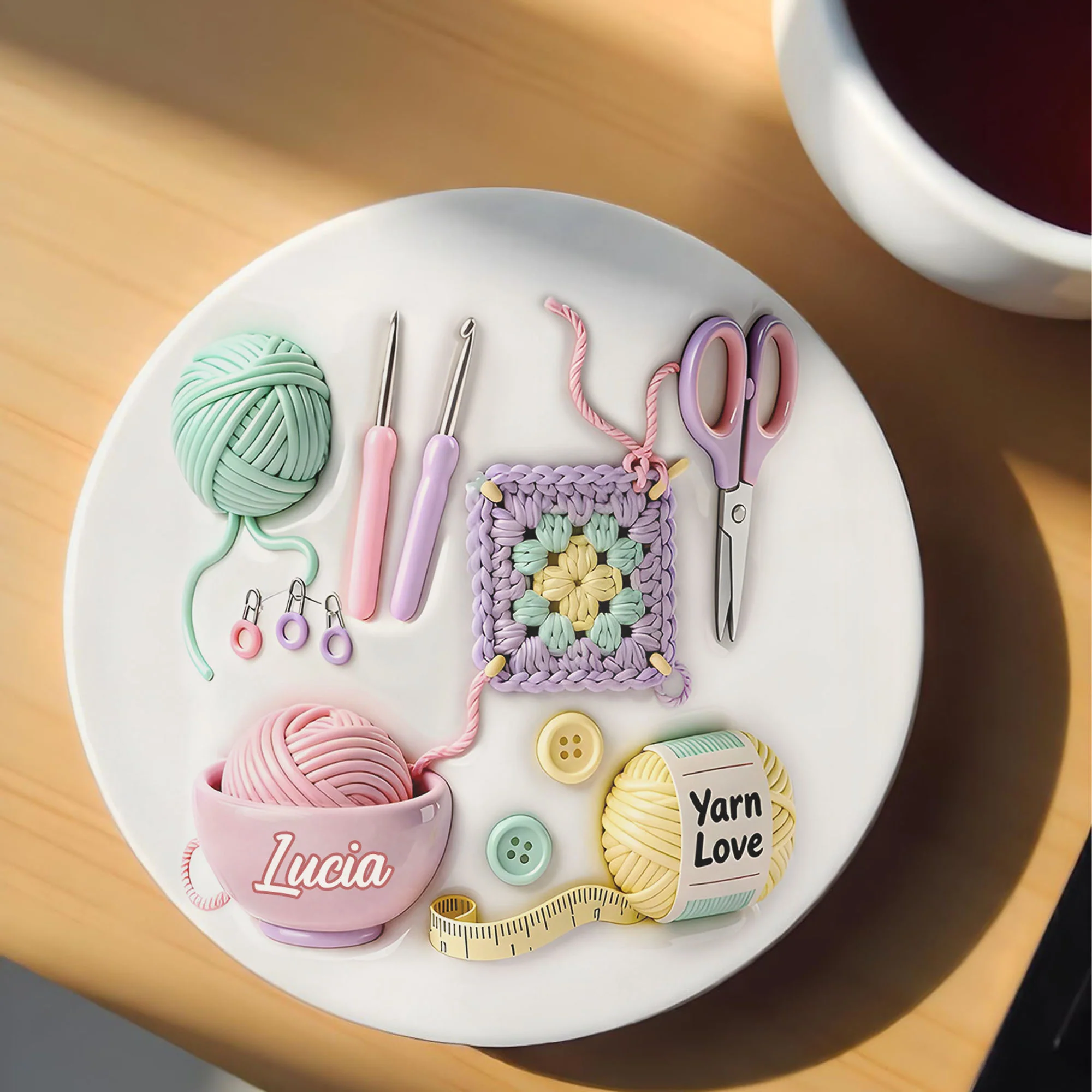 Yarn Love Crochet And Knitting Tools With Yarn Balls - Personalized Custom Ceramic Coaster - HOB007_ROCO - Image 5