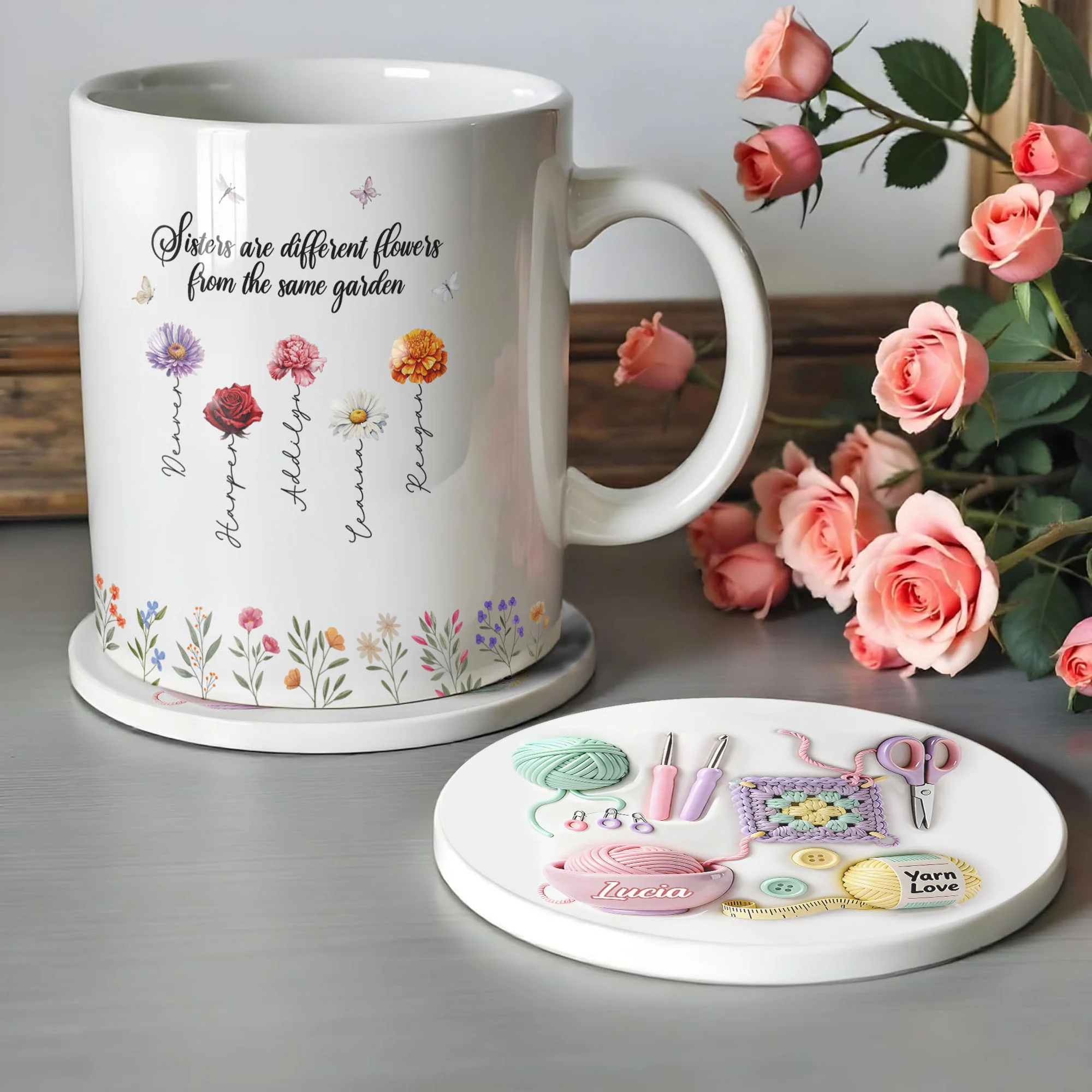 Yarn Love Crochet And Knitting Tools With Yarn Balls - Personalized Custom Ceramic Coaster - HOB007_ROCO - Image 6